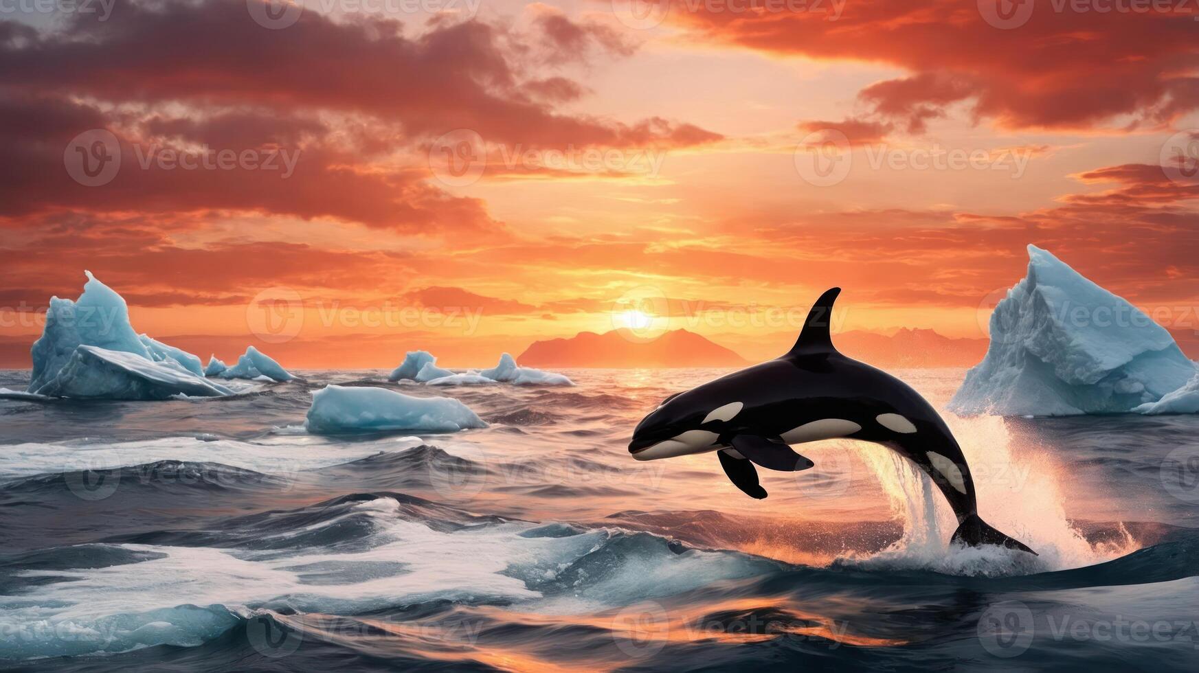 An orca leaps from icy waters against a vibrant sunset backdrop. photo