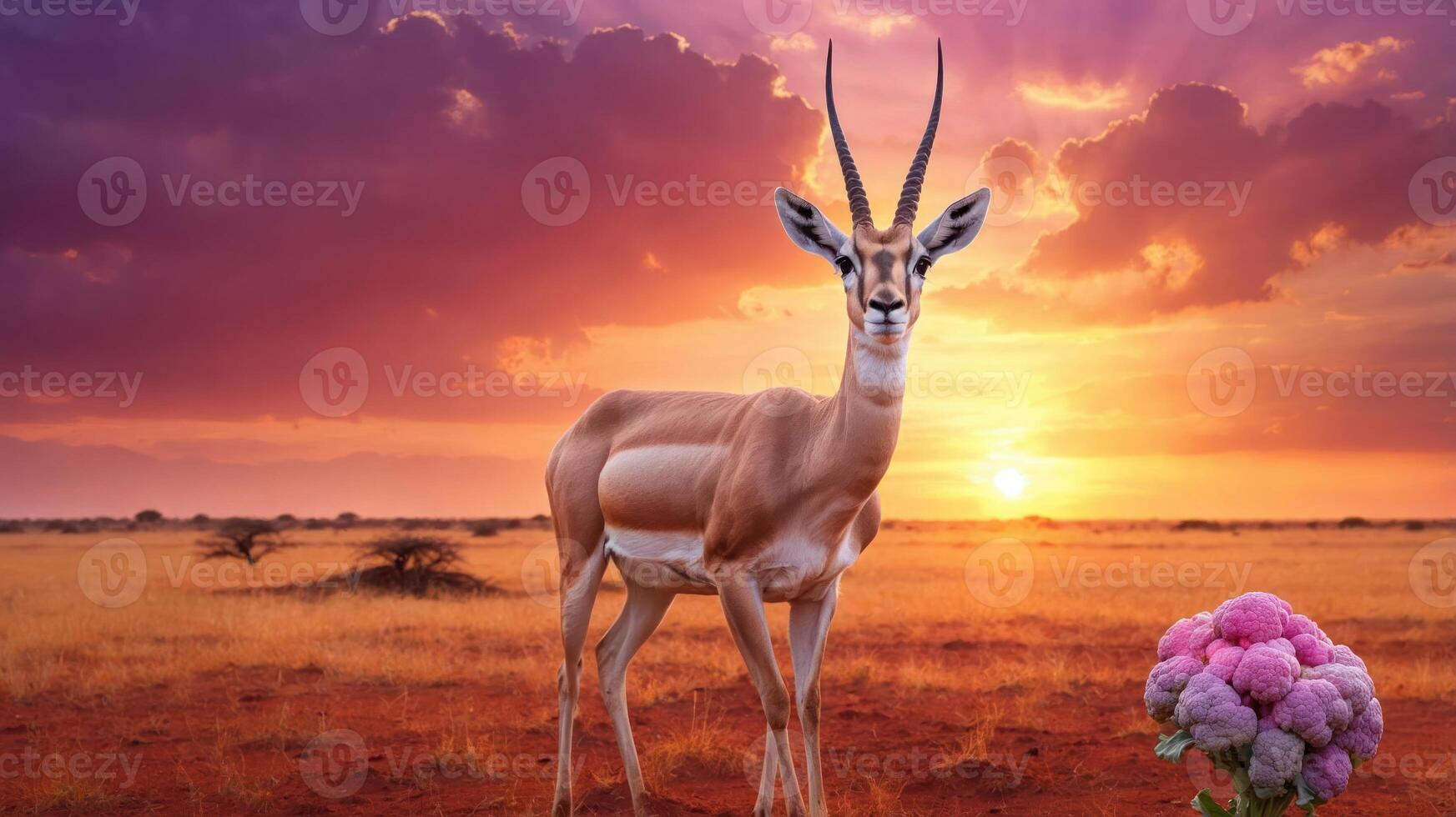 A serene sunset landscape featuring an antelope and vibrant flowers in the foreground. photo