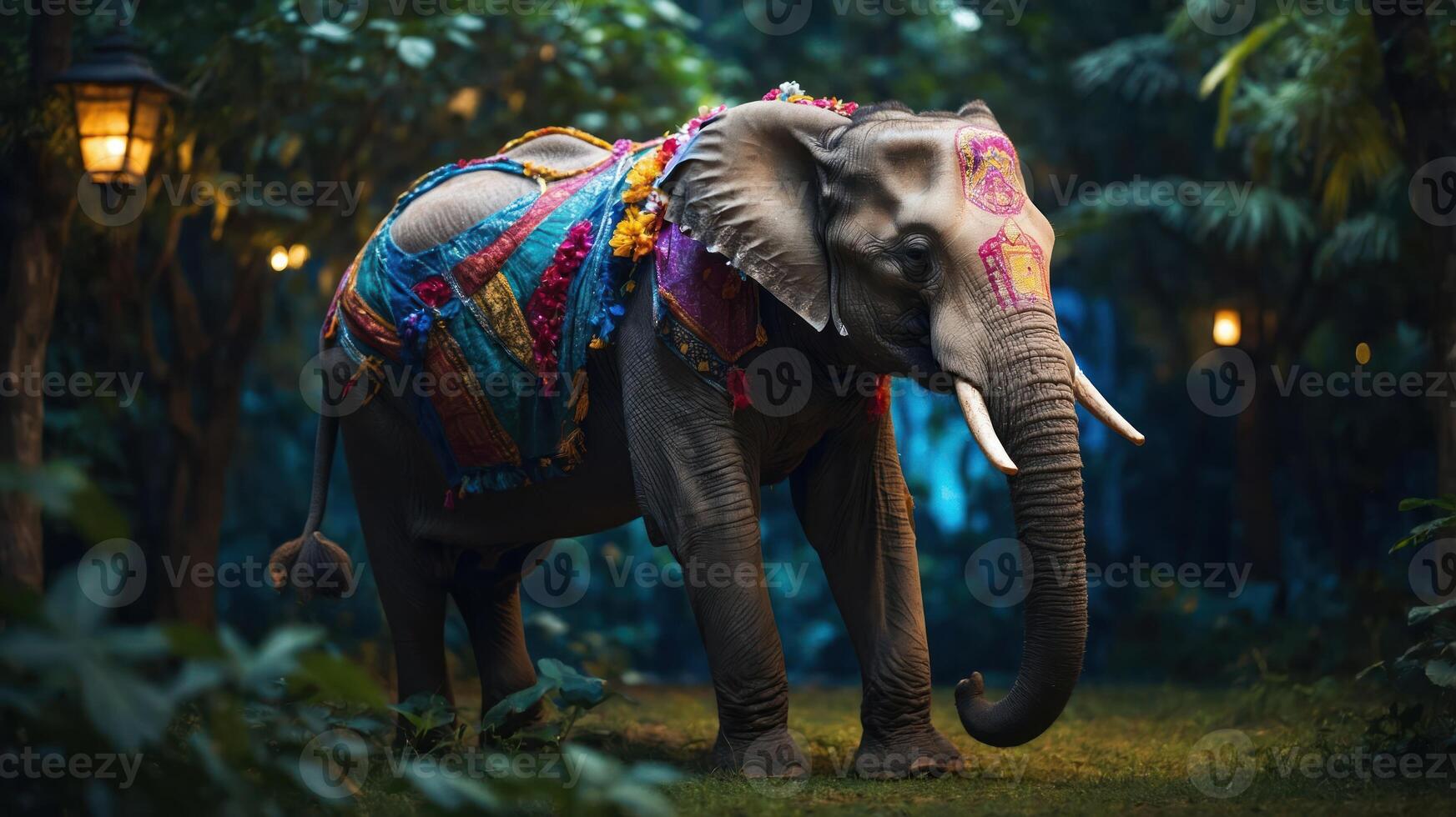 An adorned elephant stands gracefully in a lush, tranquil environment. photo