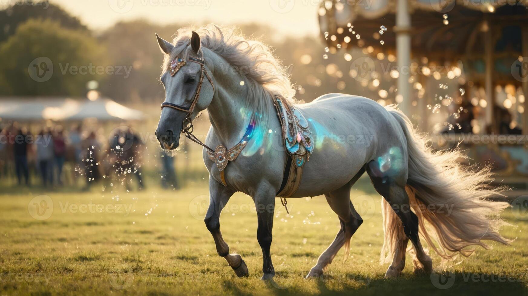 A majestic white horse gallops through a sunlit field, with a carousel in the background. photo