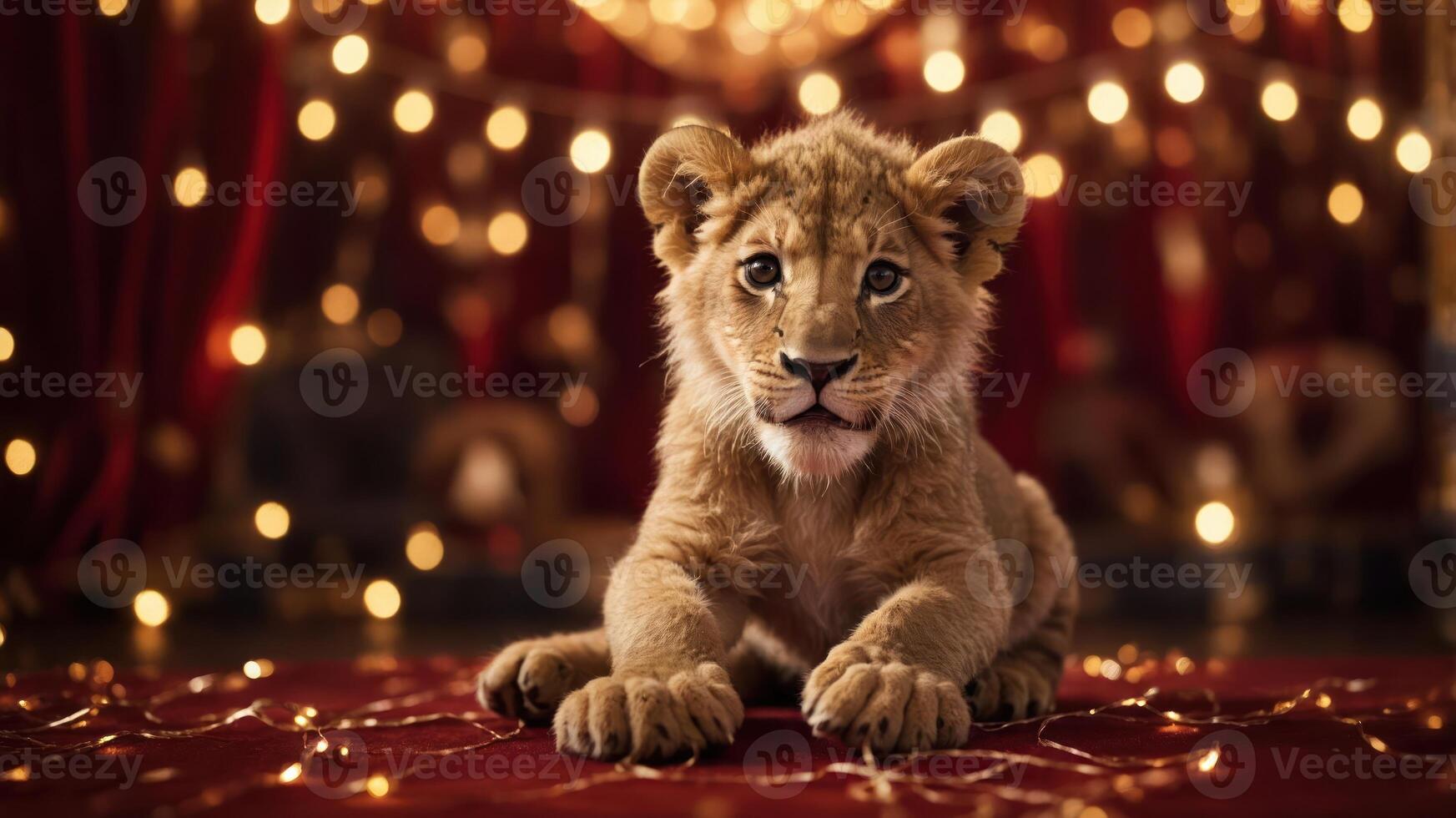 A young lion cub rests on a red carpet surrounded by twinkling lights and a festive backdrop. photo