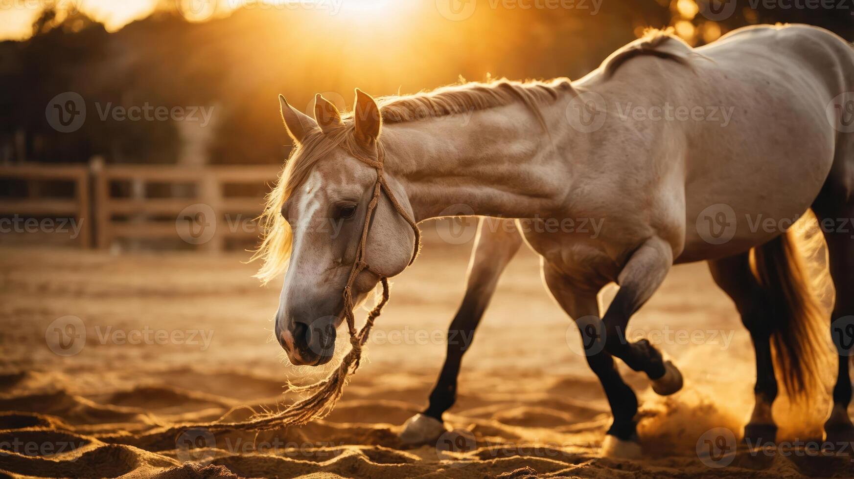 A horse galloping in a sunlit sandy area, capturing a moment of natural beauty. photo