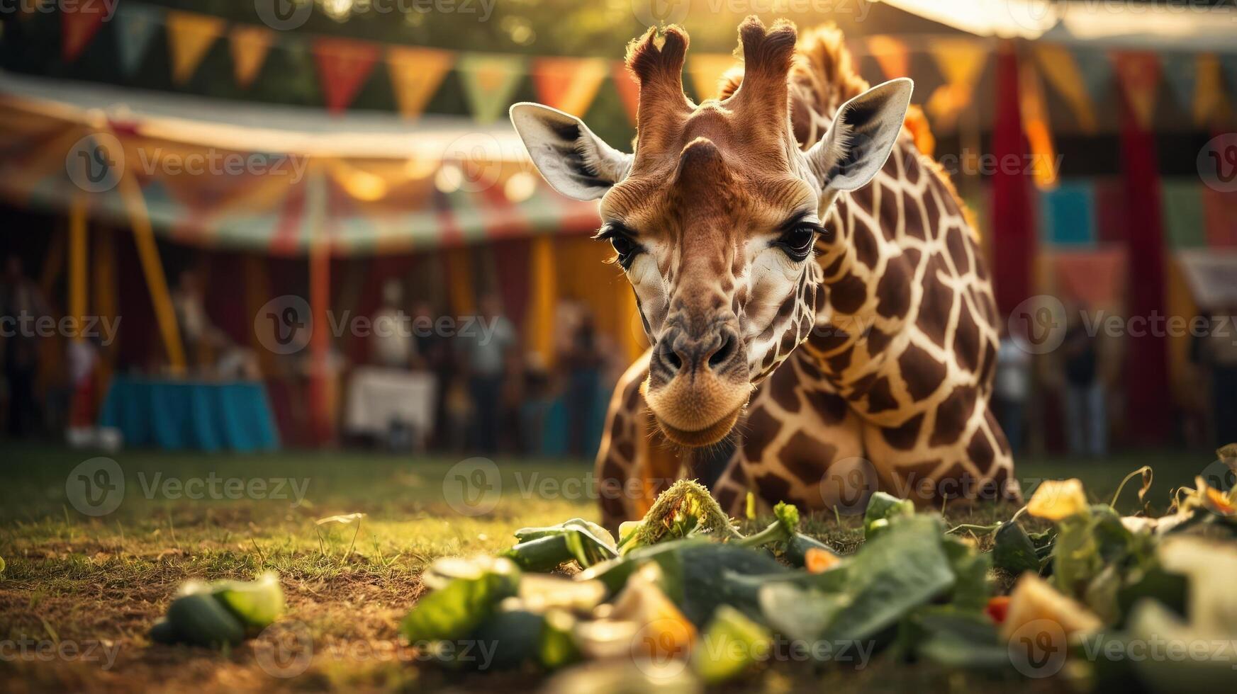 A giraffe eating vegetables in a vibrant outdoor setting with people and decorations. photo