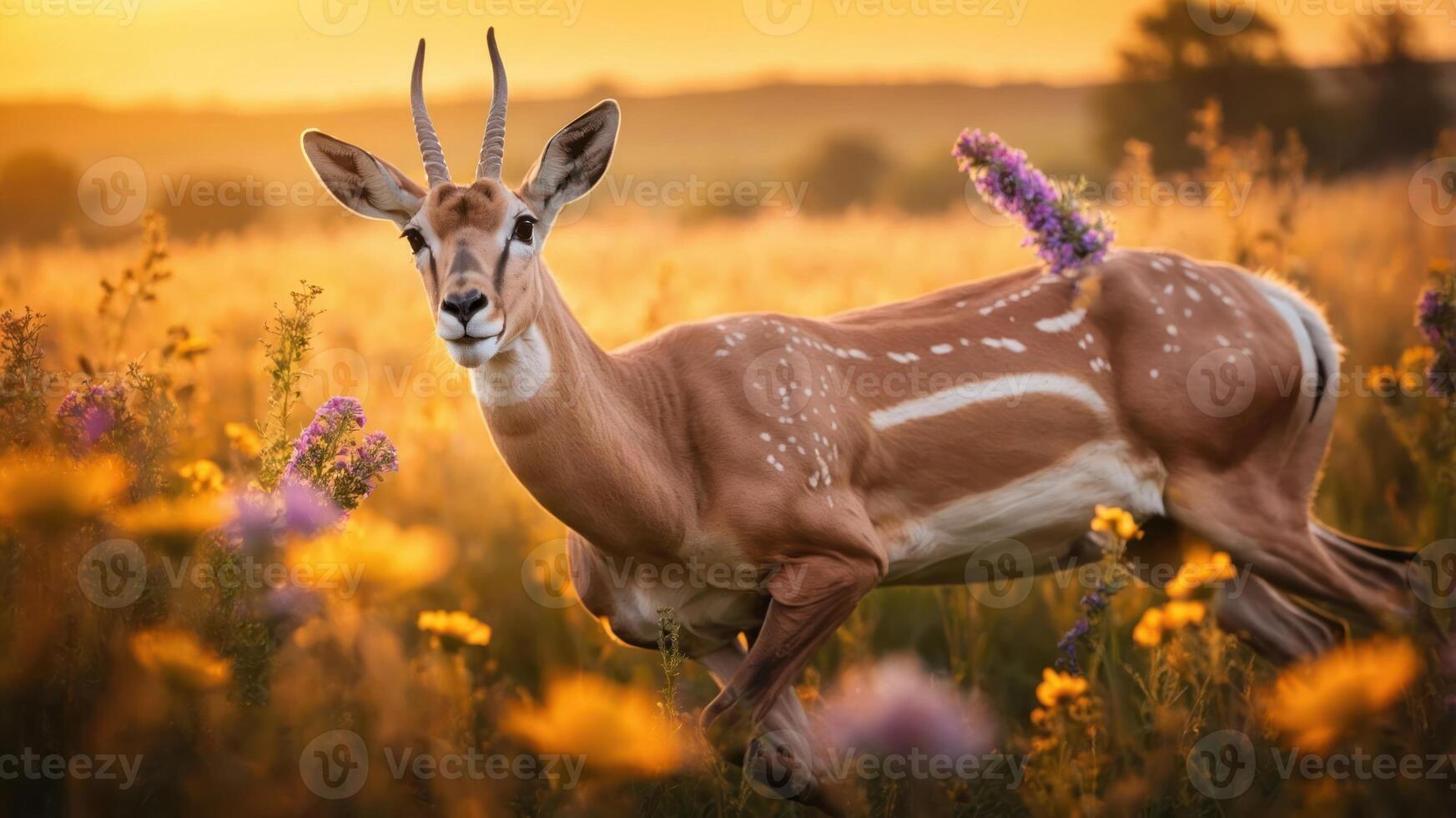 A graceful antelope runs through a vibrant field of flowers at sunset. photo