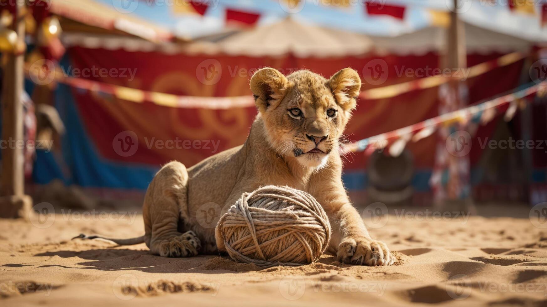 A young lion cub playing with a ball of yarn in a circus-like setting. photo