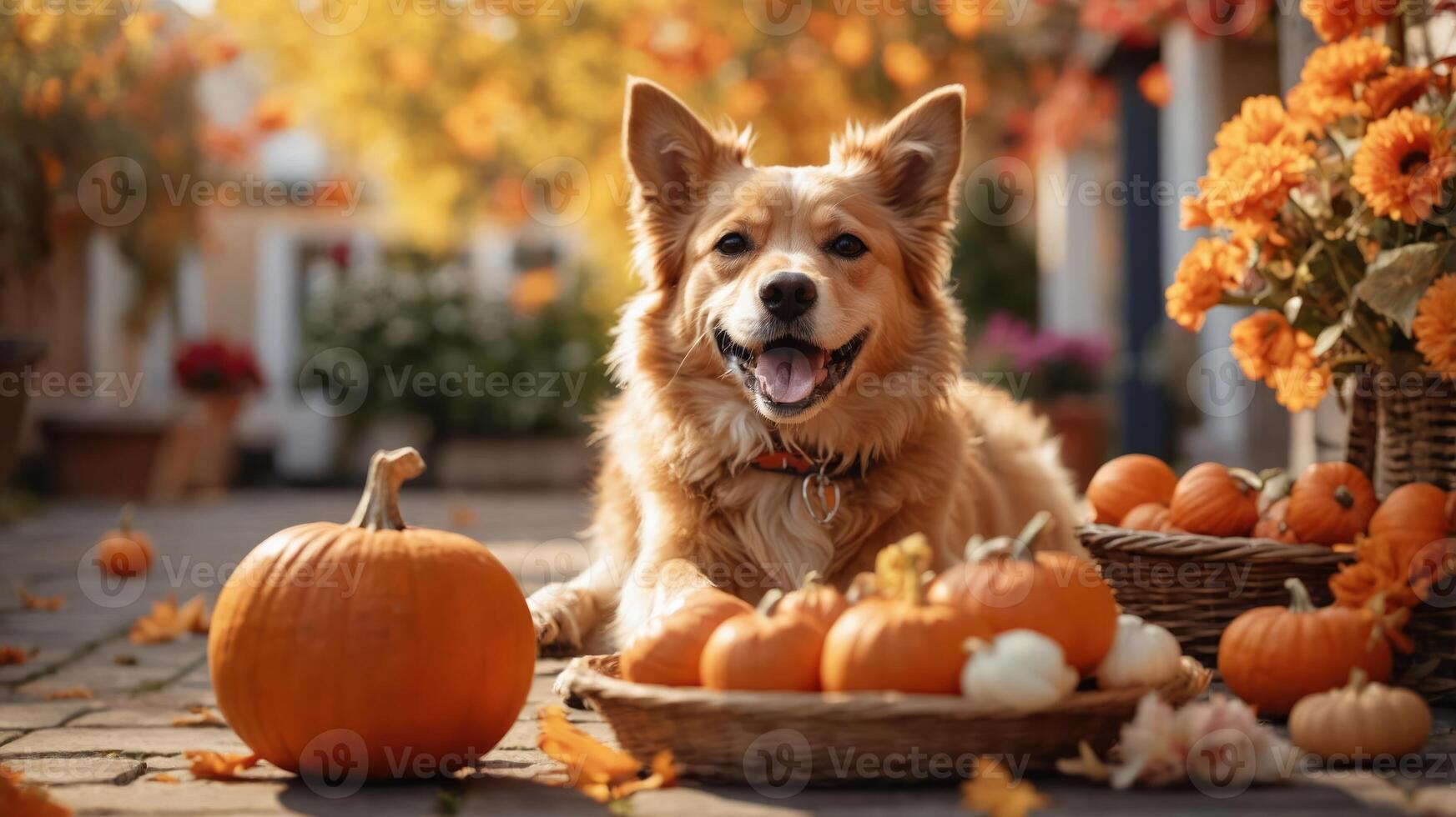 A cheerful dog lying among pumpkins and autumn flowers in a vibrant fall setting. photo