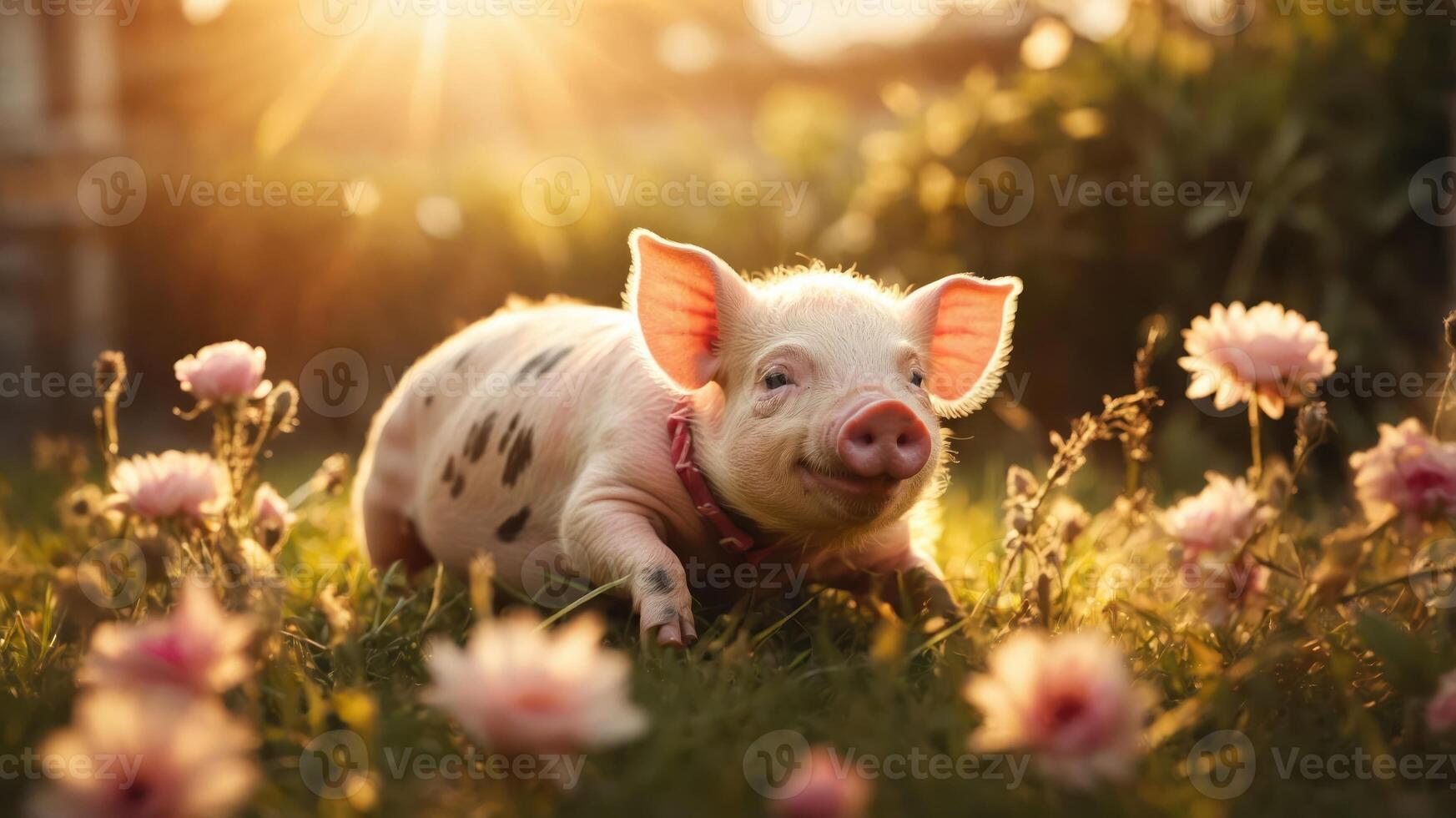 A cute piglet lies in a flower-filled field during sunset. photo