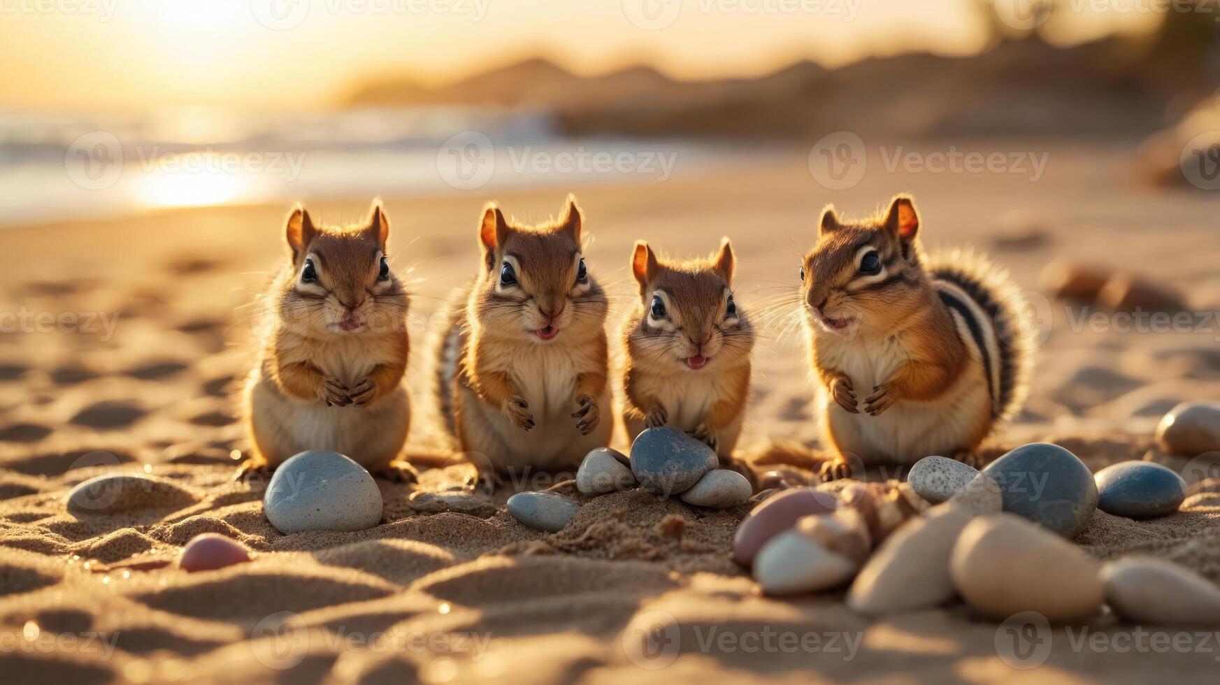 Four chipmunks on a sandy beach, surrounded by colorful pebbles at sunset. photo