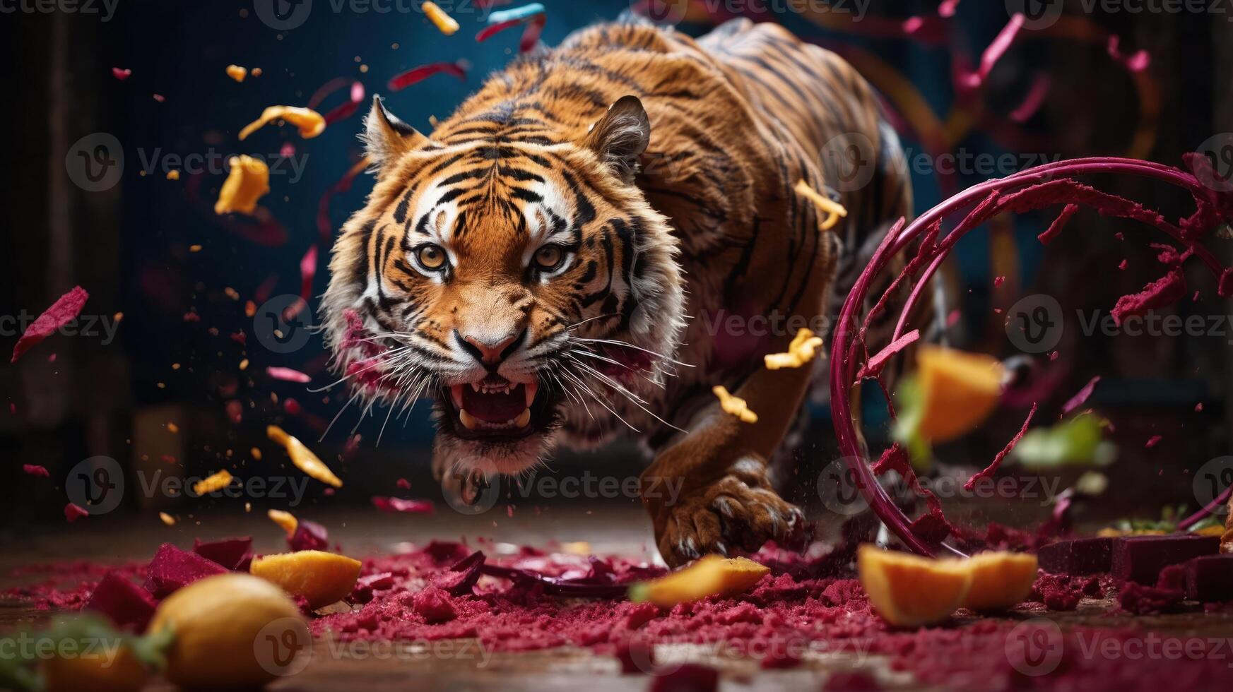 A fierce tiger emerges amidst colorful debris, showcasing power and wild beauty. photo