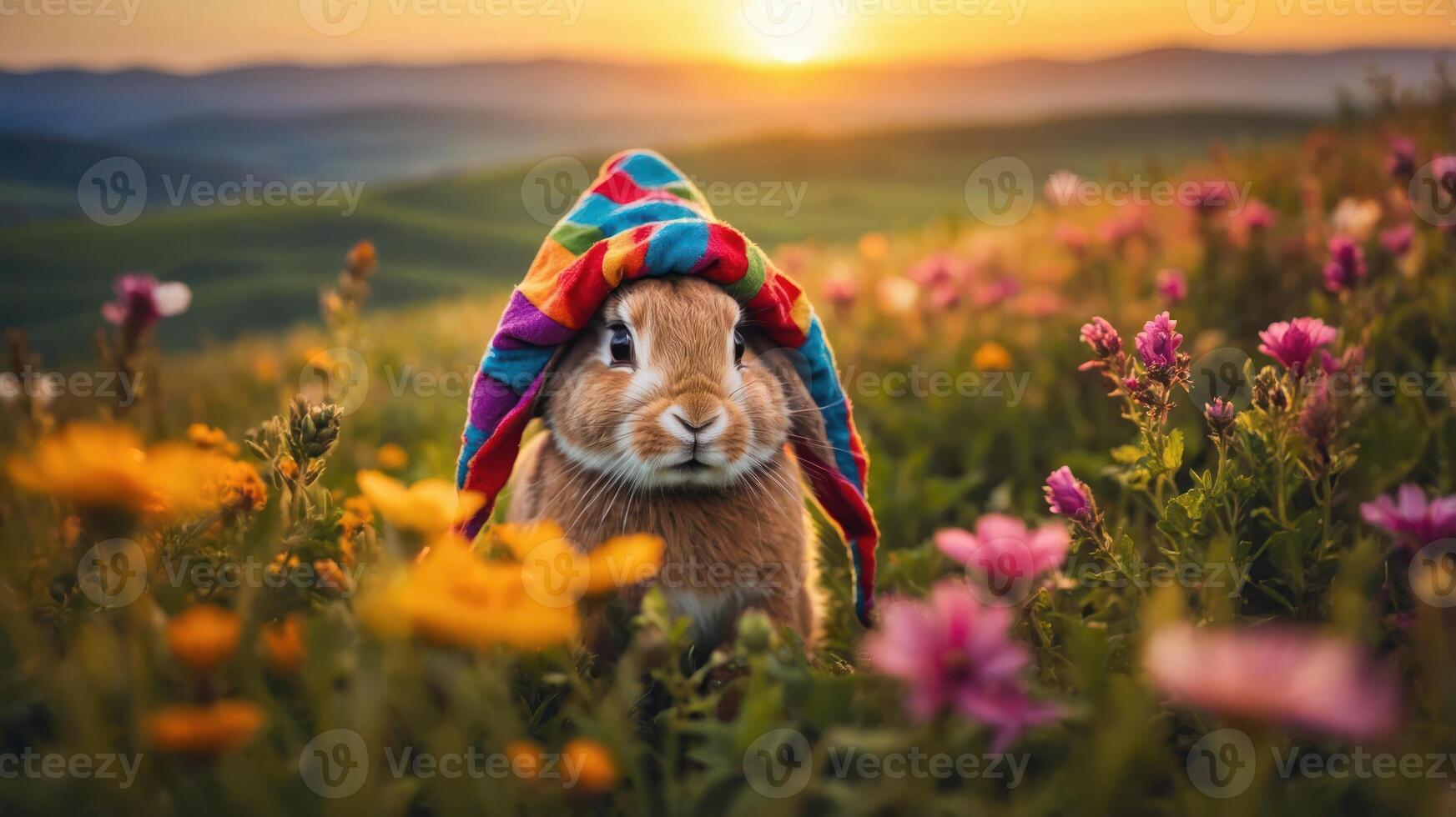 A cute rabbit wearing a colorful hat in a vibrant flower field during sunset. photo