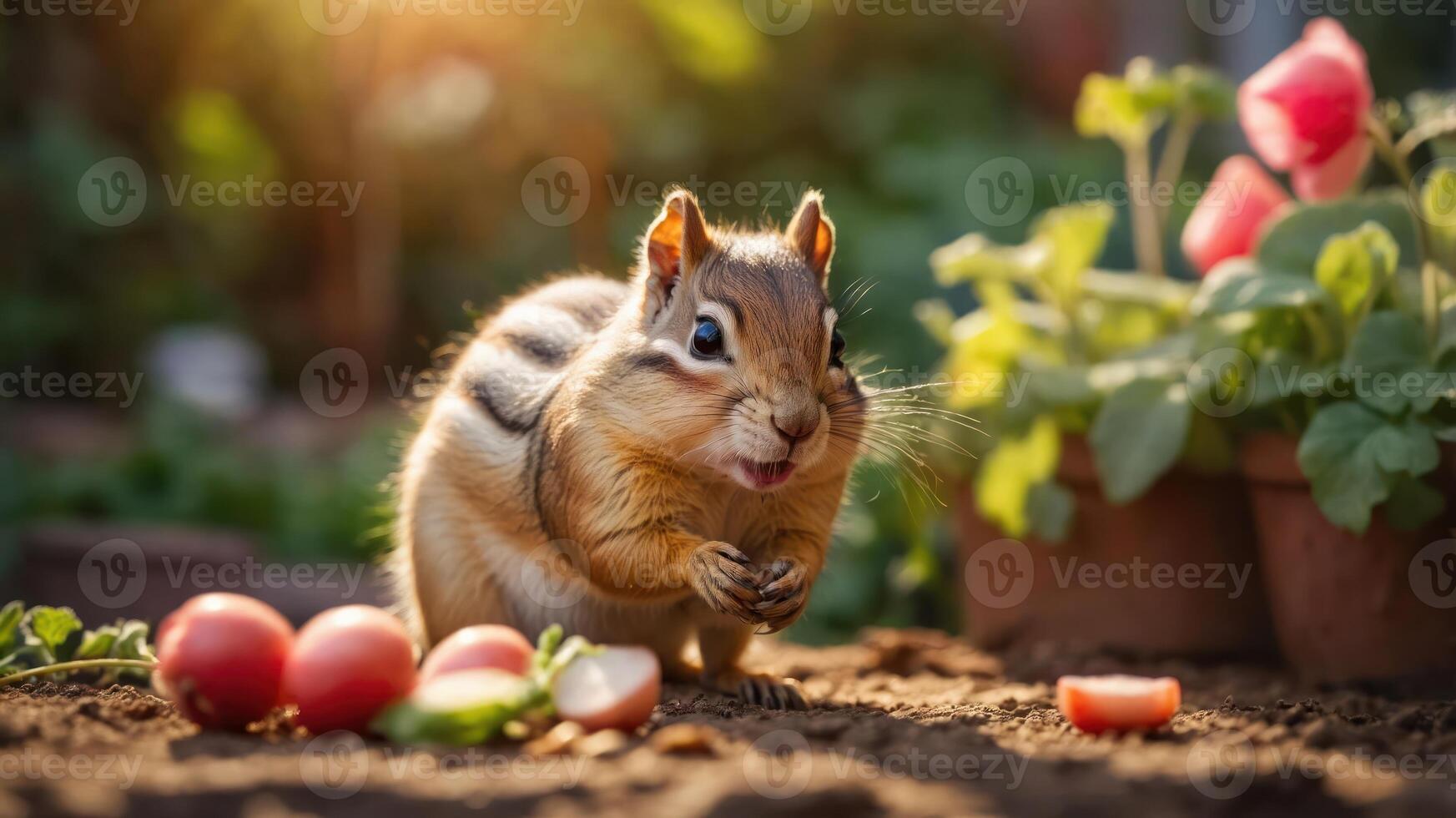 A cute chipmunk foraging among vegetables in a garden setting. photo