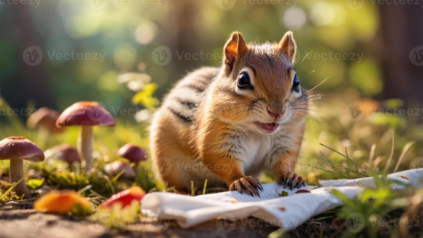 A chipmunk forages among mushrooms in a sunlit forest setting. photo