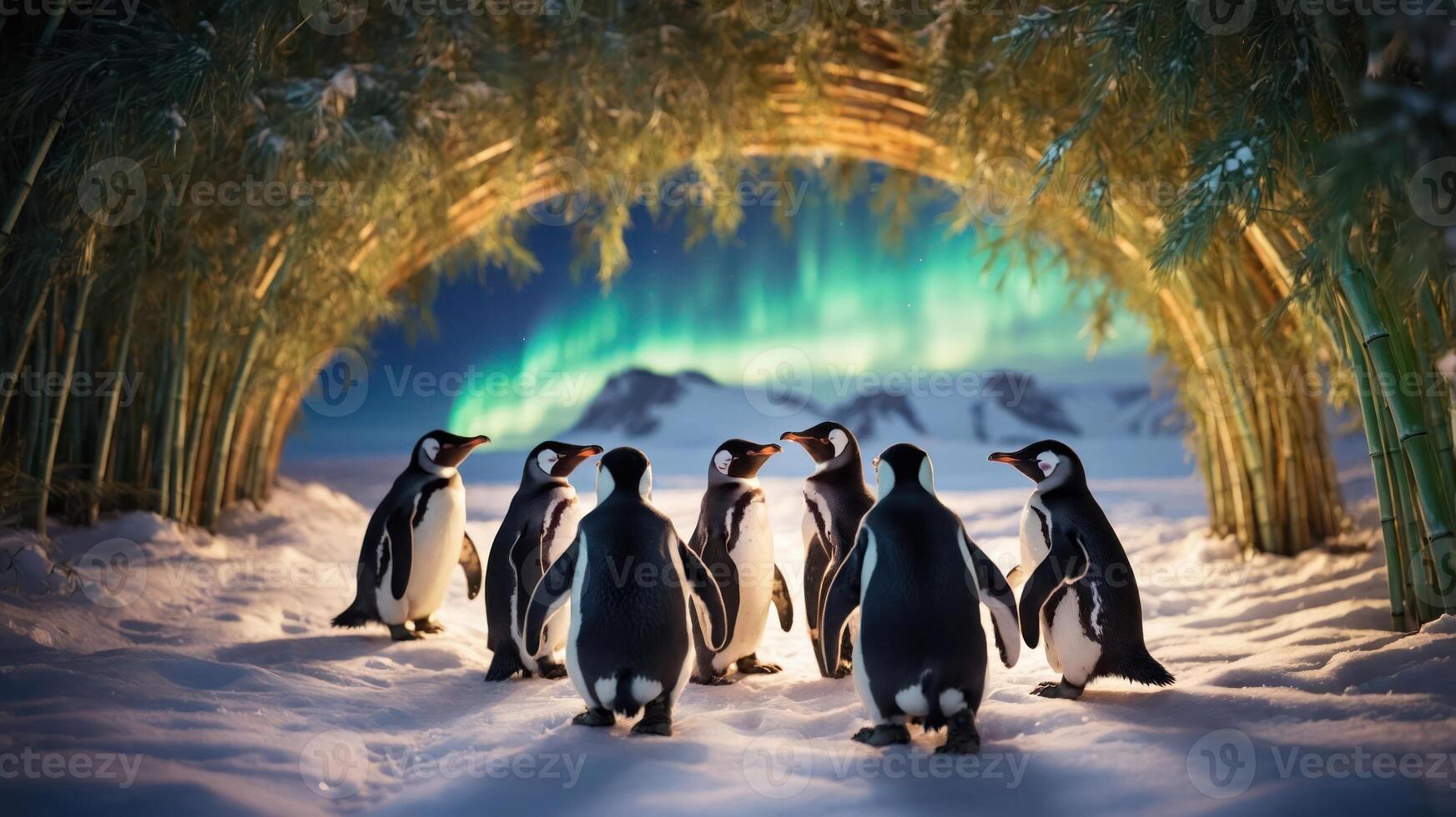 A group of penguins gathered under an aurora-lit sky in a snowy landscape. photo