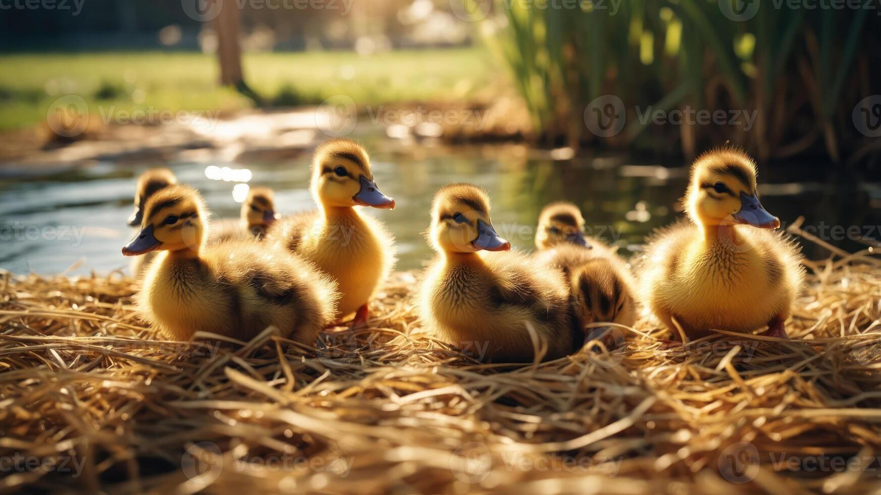 A group of fluffy ducklings resting on straw near a pond during golden hour. photo