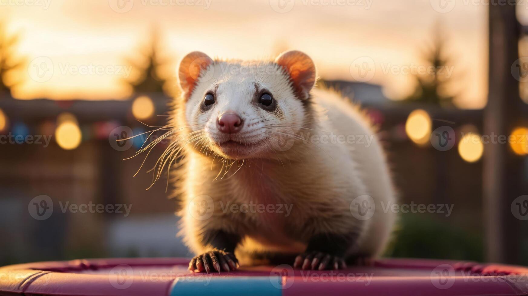 A close-up of a cute ferret on a trampoline during sunset with soft bokeh lights in the background. photo