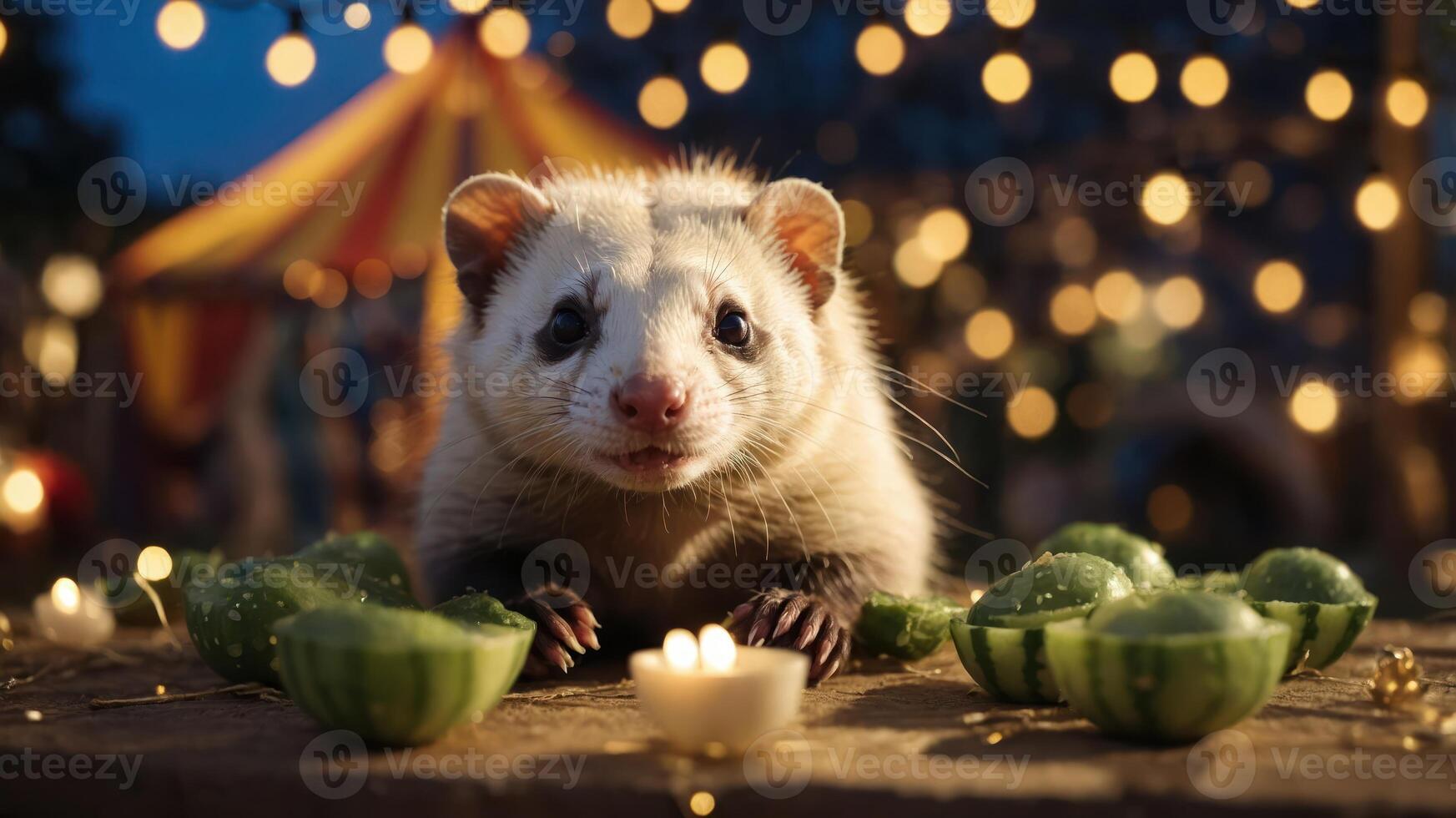 A ferret surrounded by decorative food and candles at a festive nighttime setting. photo