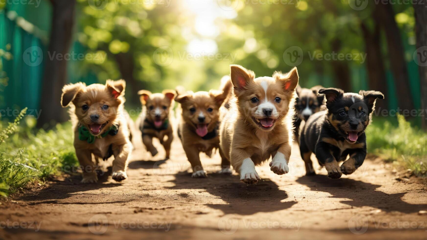 A group of playful puppies running joyfully along a path in a sunny park. photo