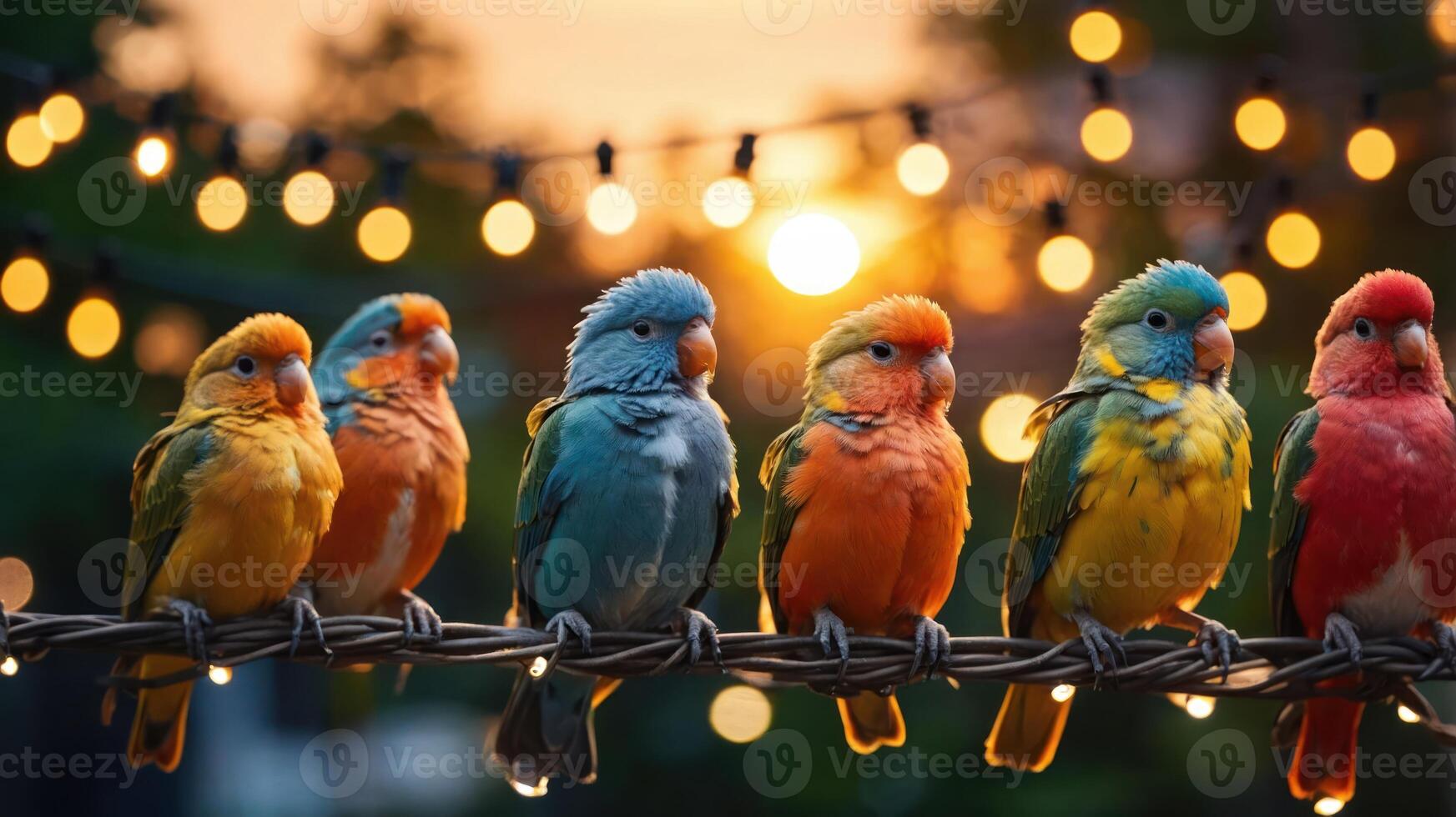 A colorful group of birds perched on a wire against a sunset backdrop with glowing lights. photo