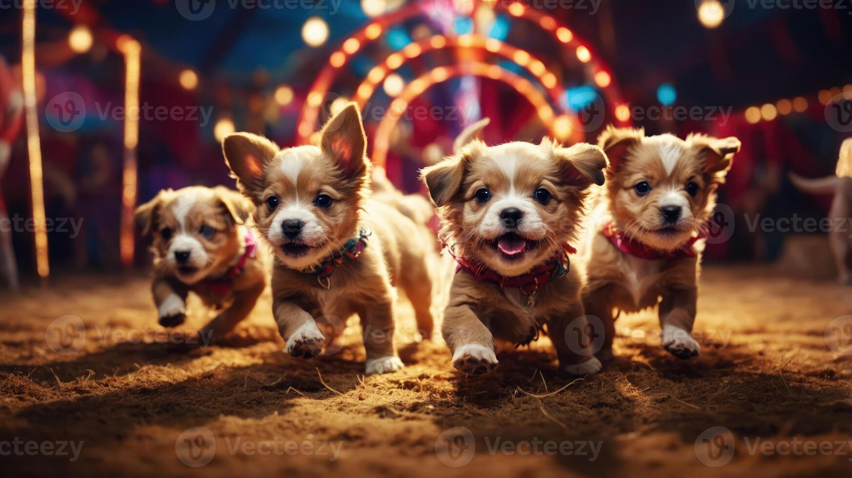 A playful scene of four puppies running in a circus-like setting with vibrant lights. photo