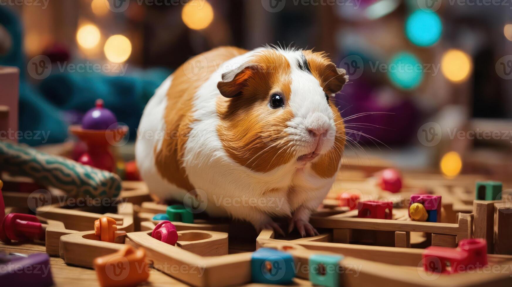 A guinea pig exploring a colorful play area filled with toys and decorations. photo