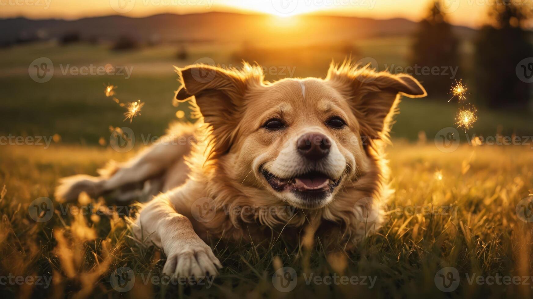 A golden dog lounging in a sunlit field during sunset, radiating joy and tranquility. photo