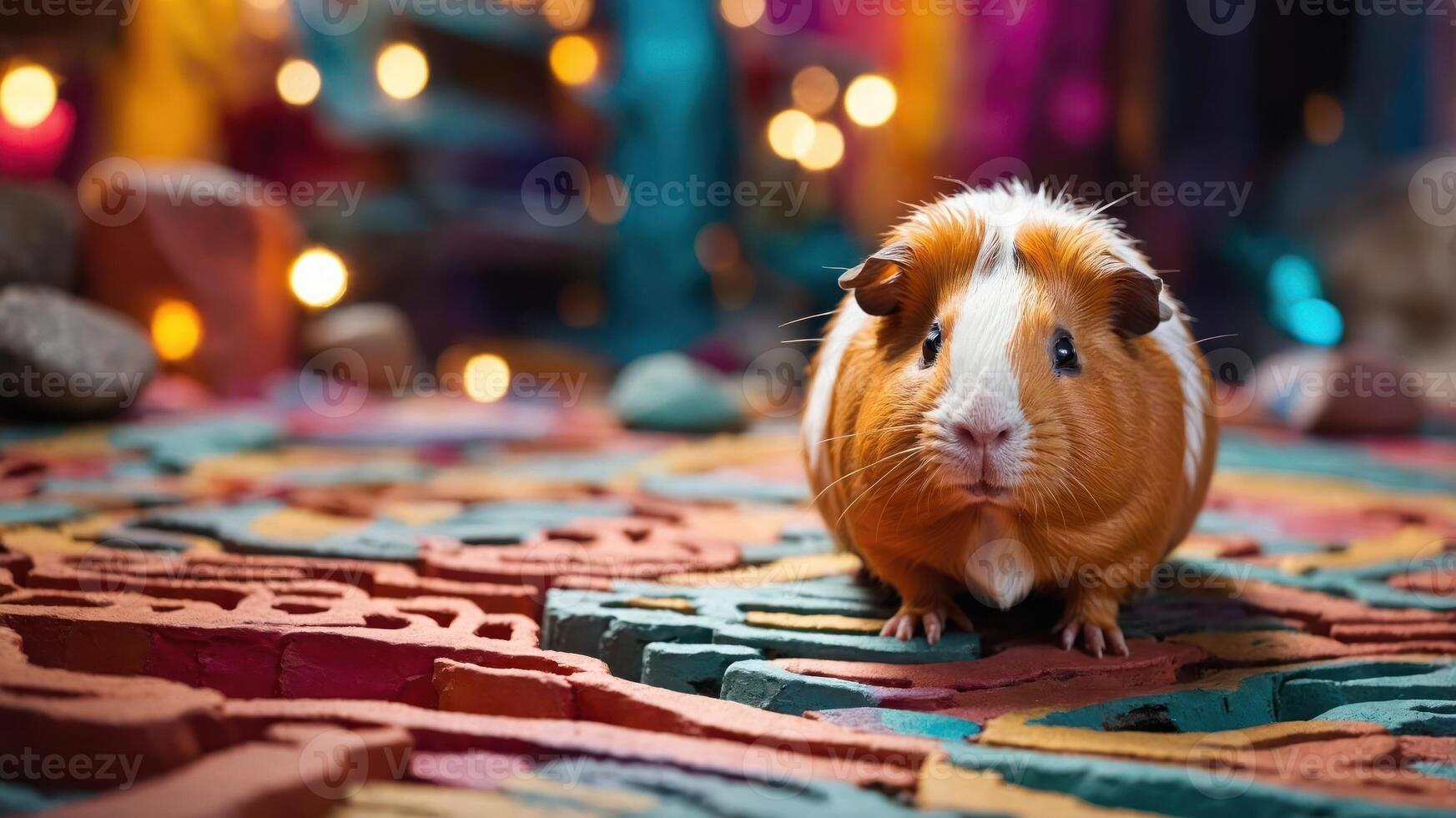 A cute guinea pig sits on a colorful patterned surface with a vibrant background. photo