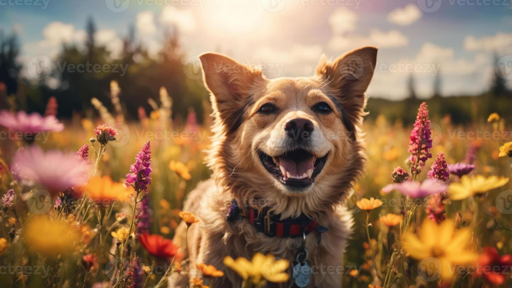 A happy dog smiling in a vibrant flower field under a sunny sky. photo