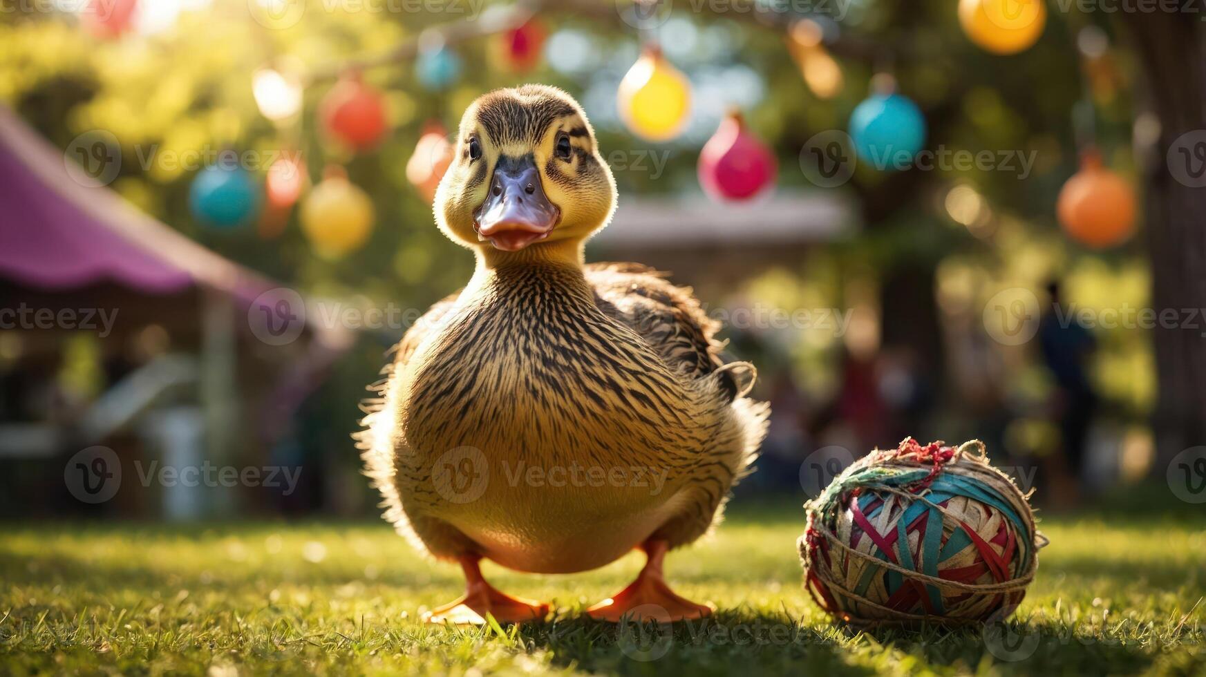 A duck stands on grass near a colorful ball, set in a festive outdoor environment. photo