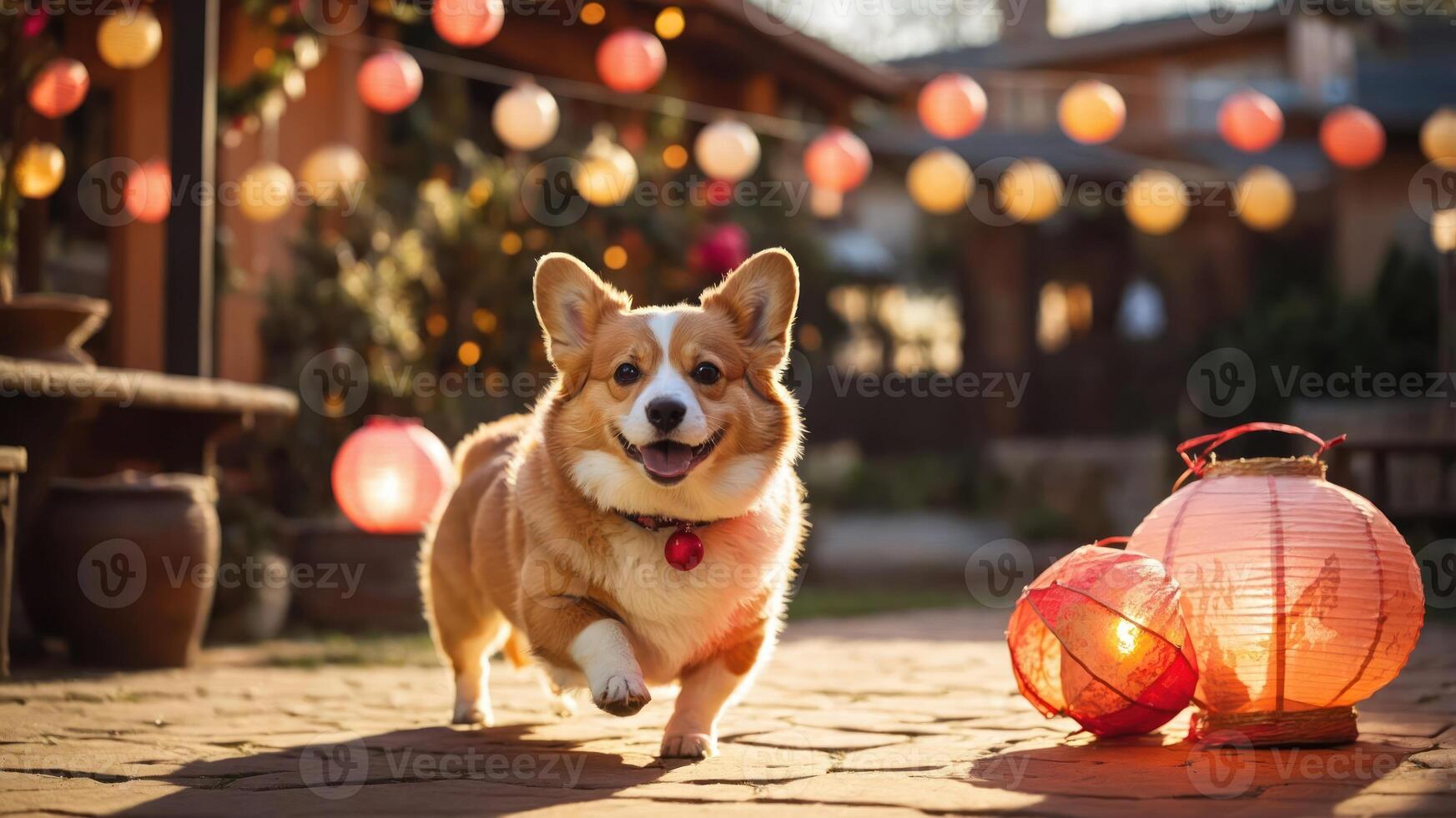 A happy corgi runs through a festive outdoor setting with lanterns. photo