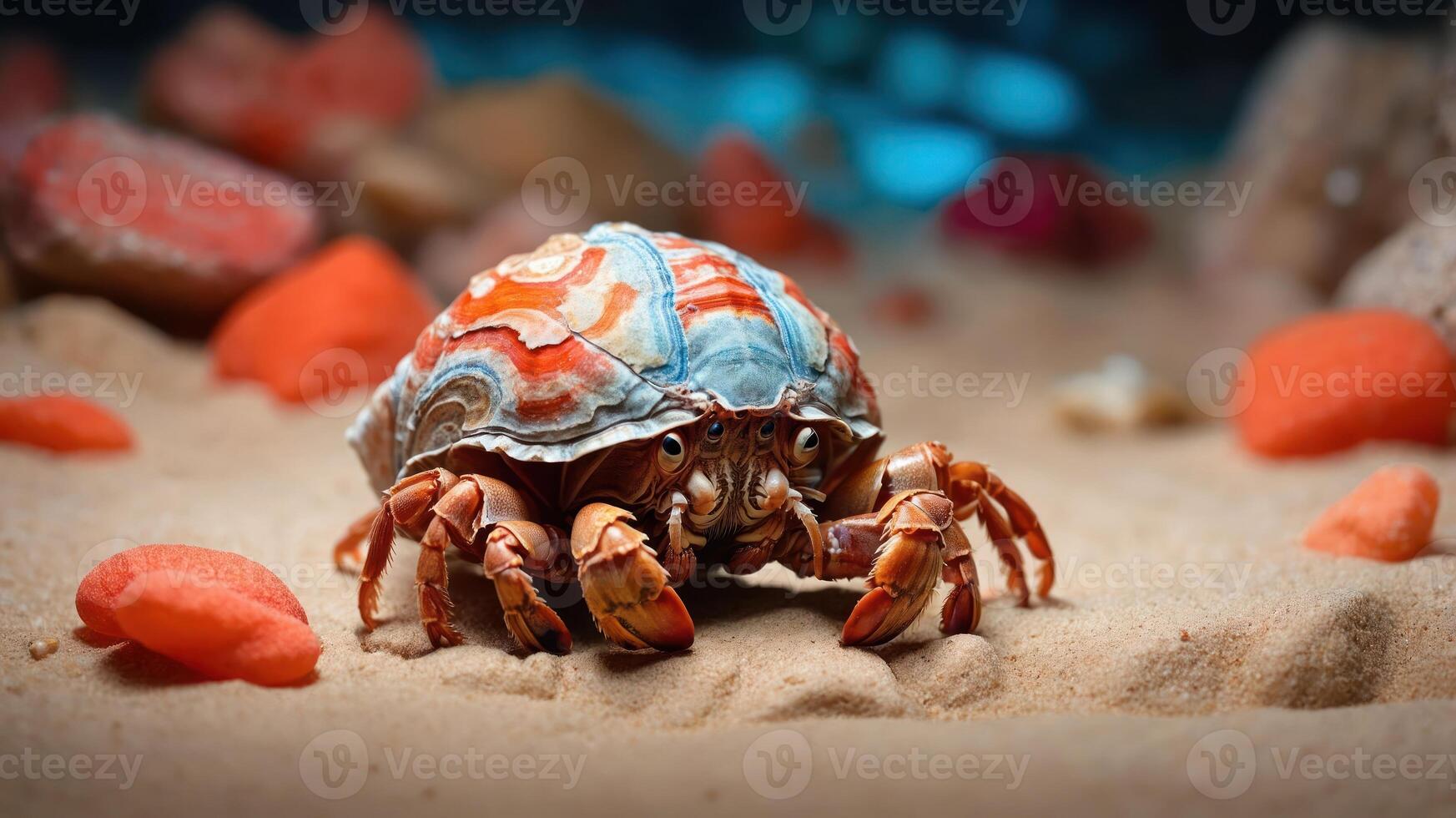 A colorful hermit crab on sandy ocean floor surrounded by small rocks. photo