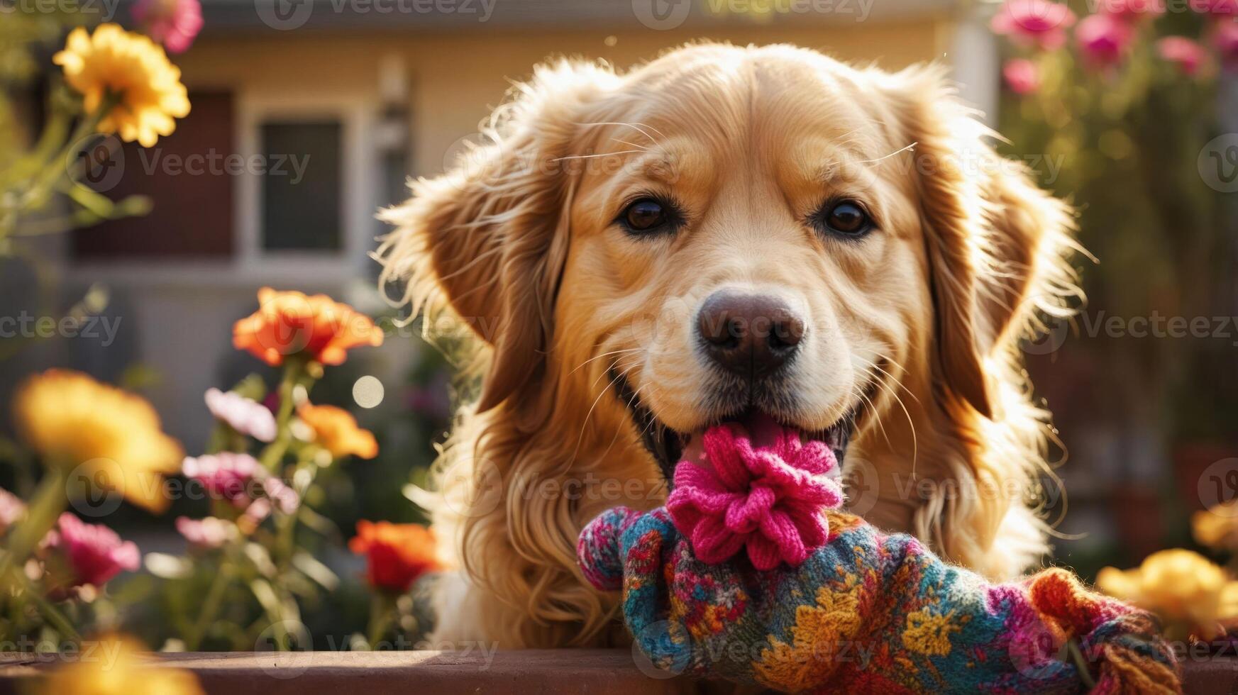 A golden retriever playfully holds a colorful toy in a vibrant garden setting. photo