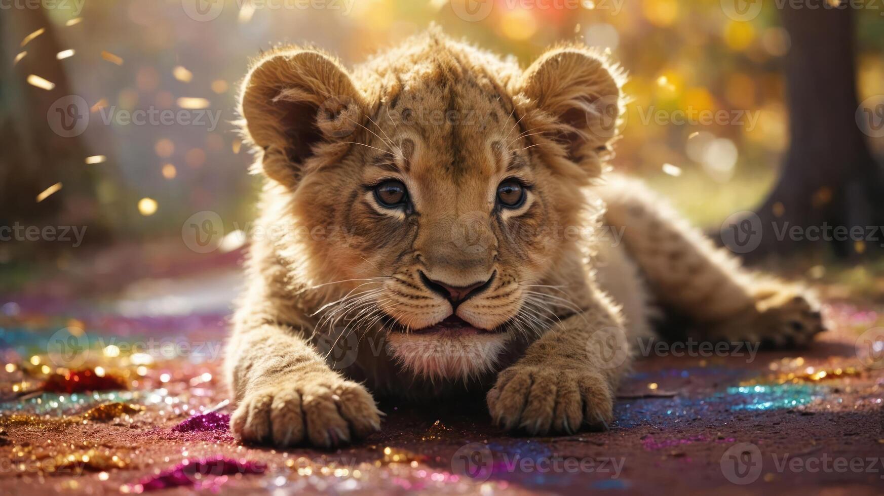 A playful lion cub resting on a colorful ground, surrounded by nature's beauty. photo