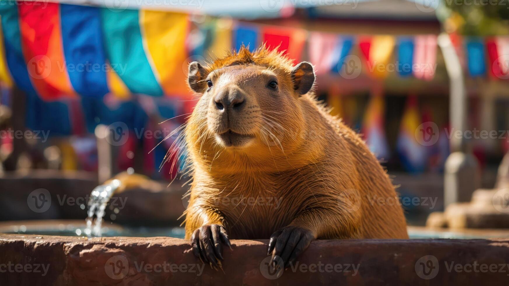 A capybara resting near a fountain with colorful flags in the background. photo