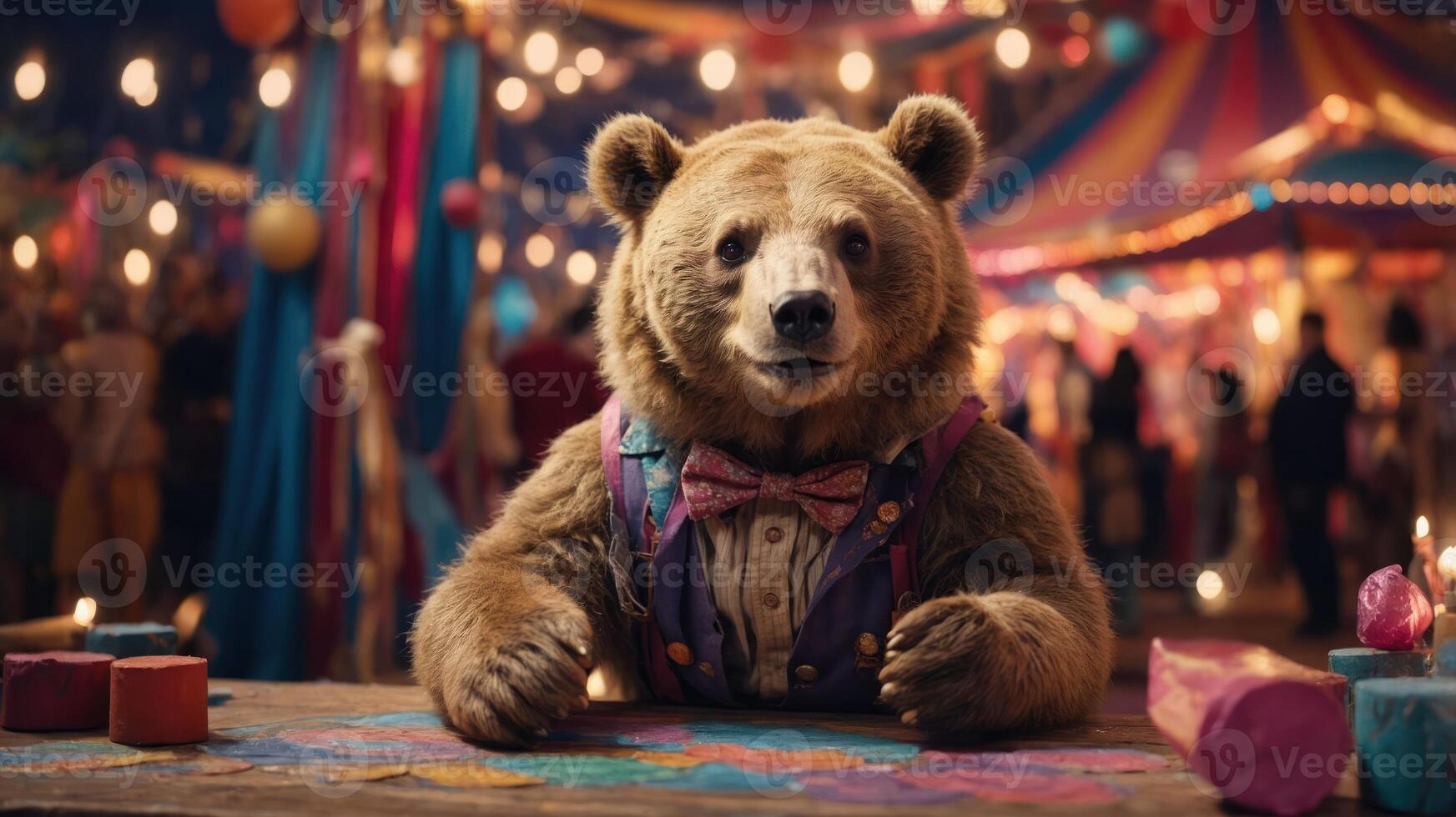 A whimsical bear dressed in a bow tie sits at a colorful table in a festive carnival setting. photo