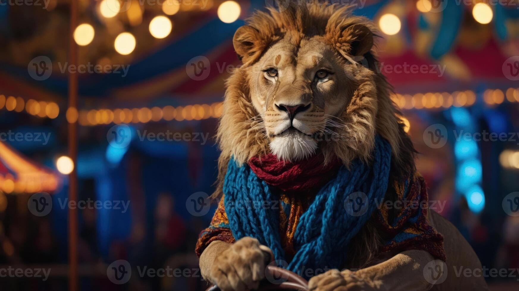 A lion dressed in a colorful scarf sits in a circus setting, exuding a whimsical charm. photo