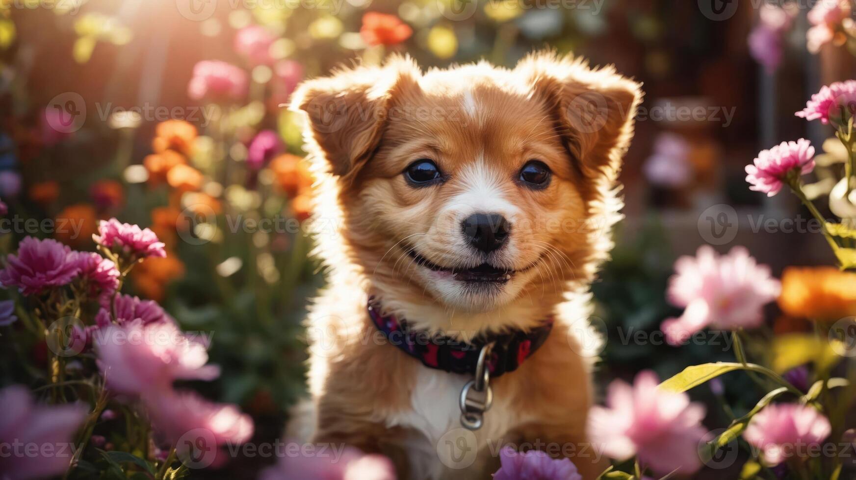A cheerful puppy surrounded by colorful flowers in a vibrant garden setting. photo