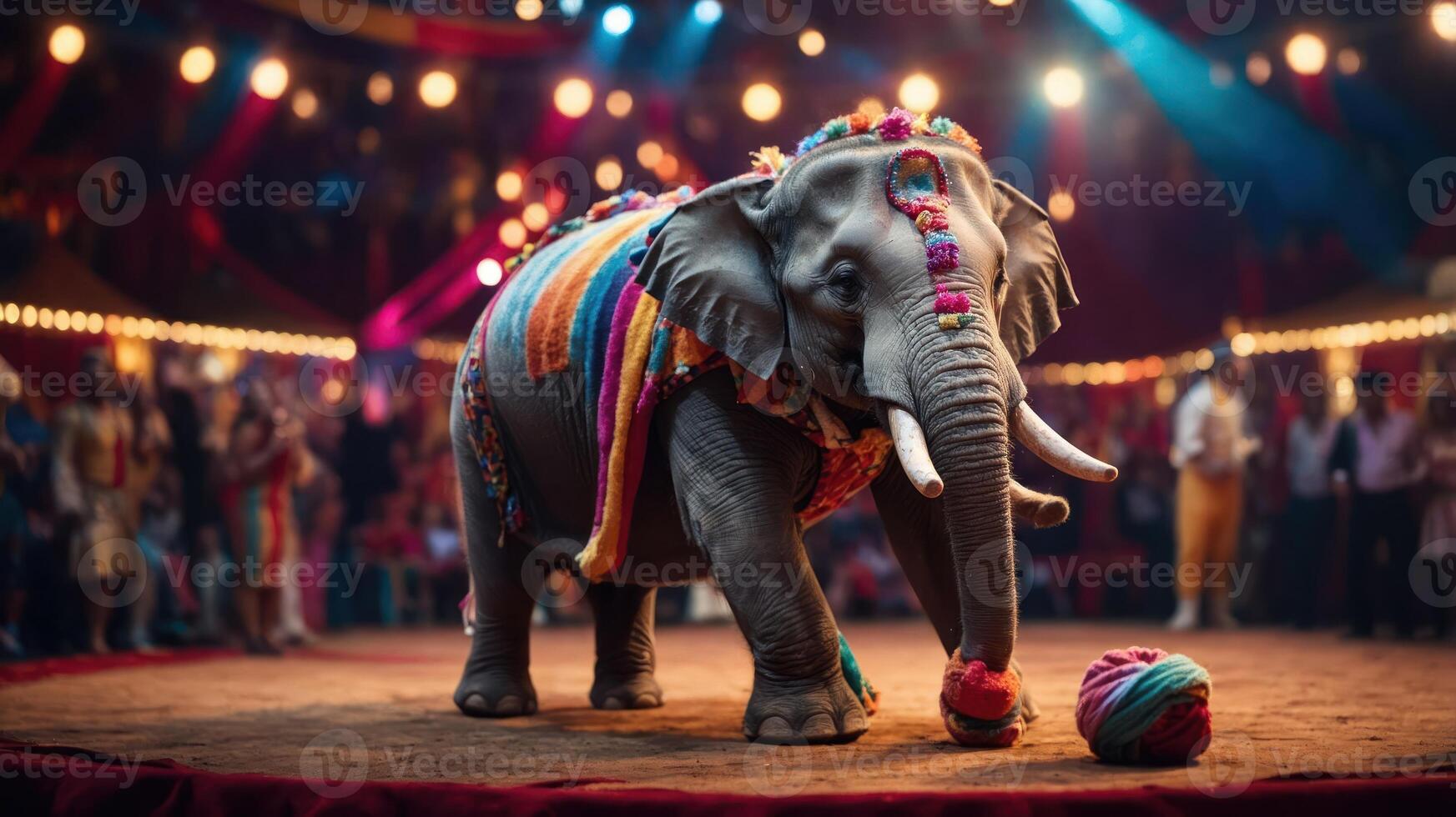 An elephant adorned with colorful decorations performs in a circus setting. photo