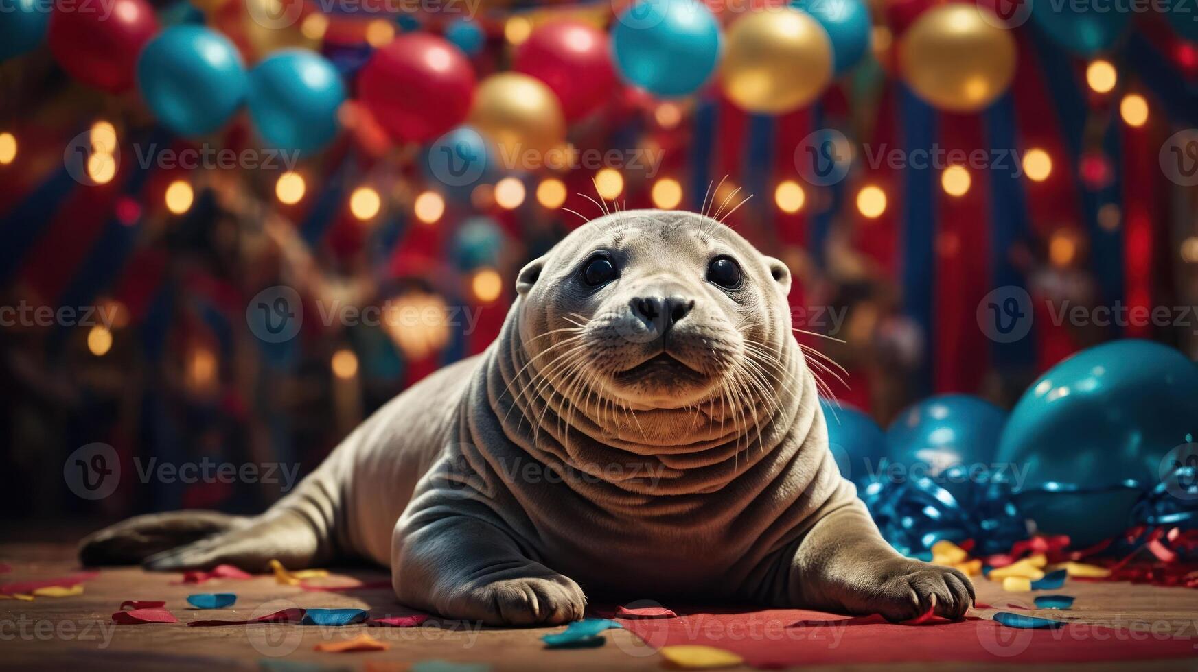 A playful seal in a festive setting with balloons and confetti. photo