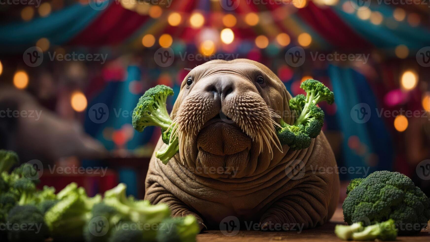 A walrus playfully poses with broccoli in a colorful circus setting. photo