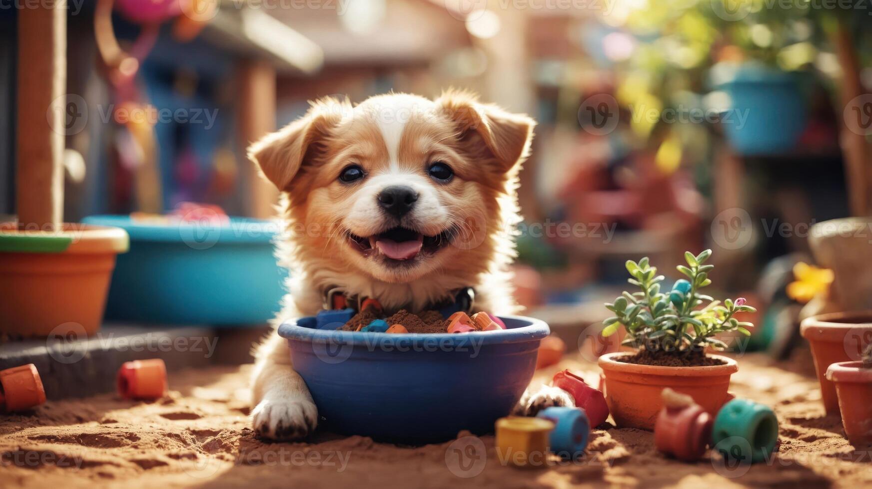 A cheerful puppy lying in a bowl surrounded by colorful pots and playful objects in a garden. photo