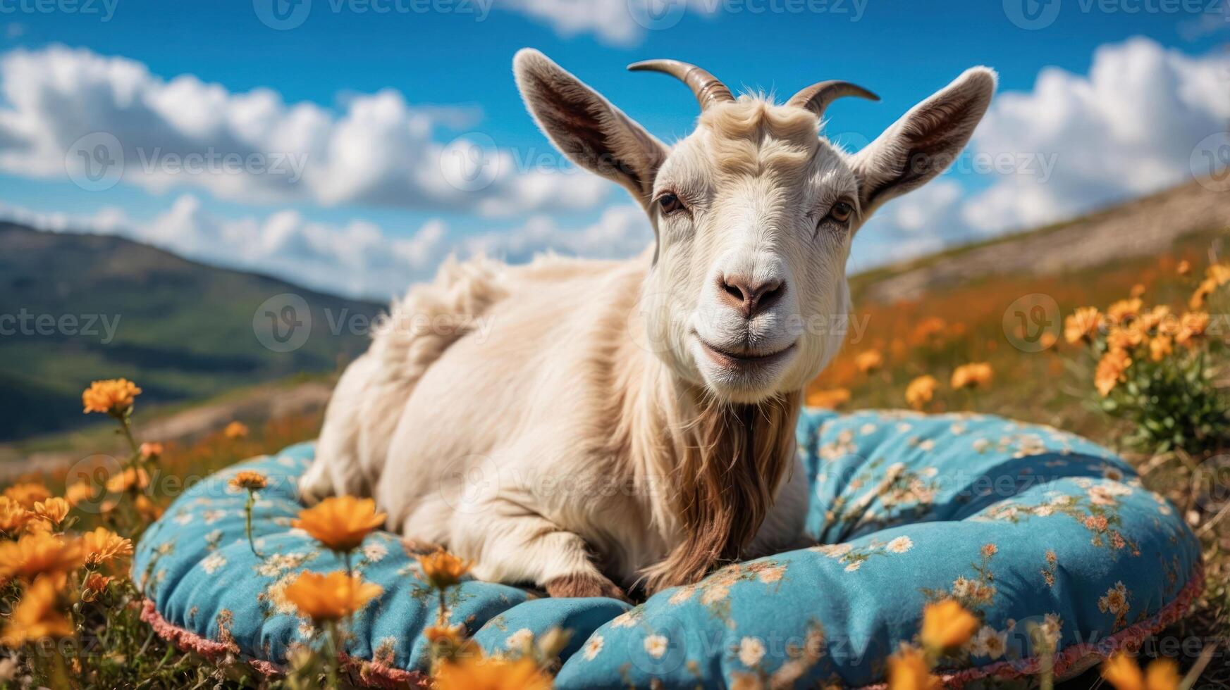 A goat lounging on a colorful cushion amidst a field of flowers under a blue sky. photo