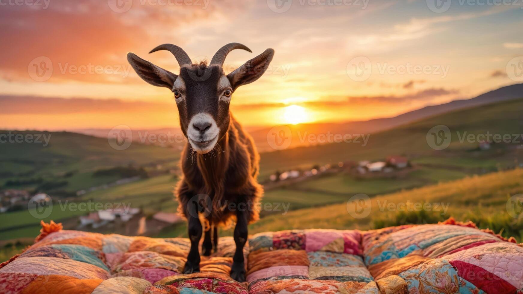 A goat stands on a colorful quilt at sunset, surrounded by a picturesque landscape. photo