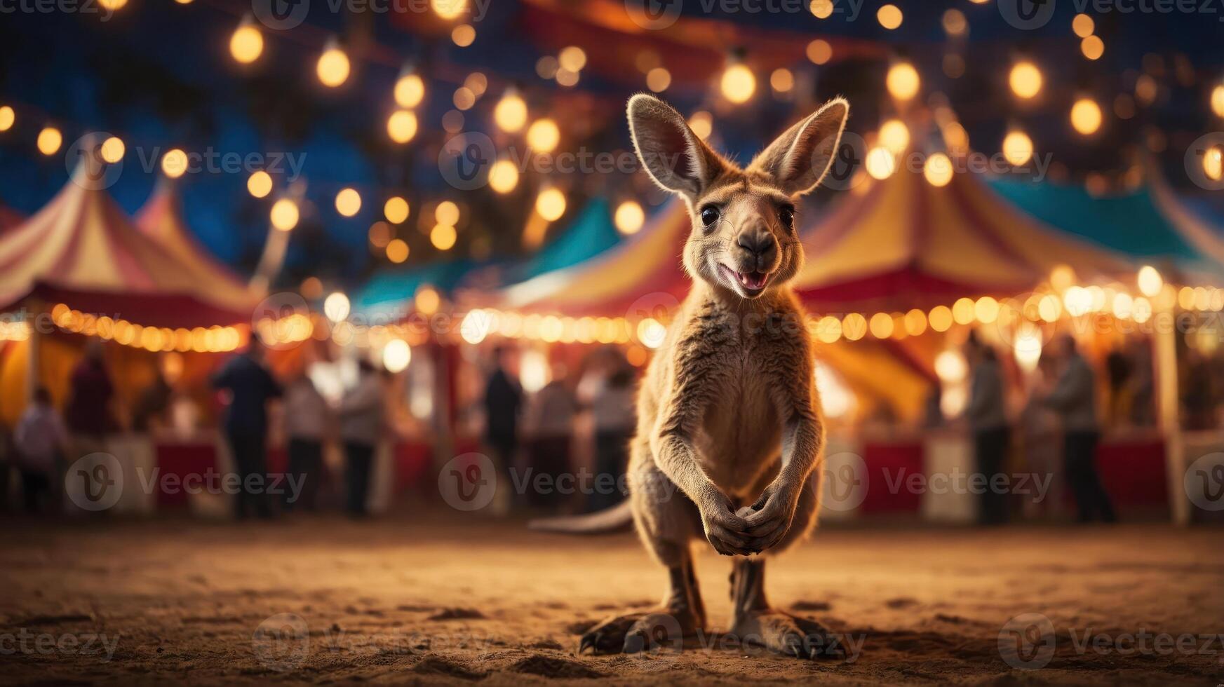 A playful kangaroo stands in front of colorful tents at a lively nighttime fair. photo