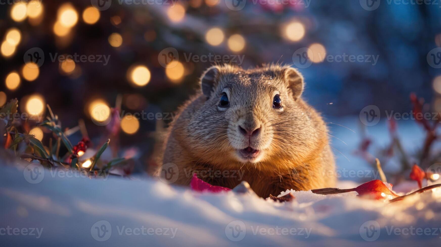 A close-up of a small animal in the snow, surrounded by festive lights and greenery. photo