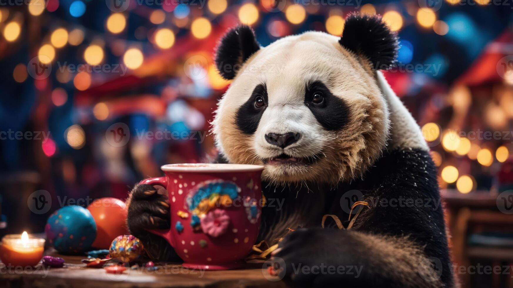 A panda enjoying a colorful drink at a festive gathering with vibrant decorations. photo