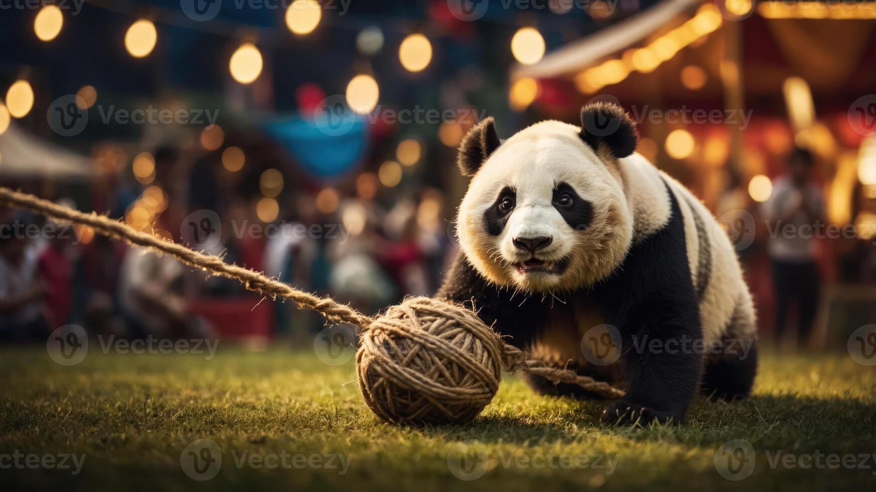 A playful panda rolls a ball of yarn in a festive, illuminated environment. photo