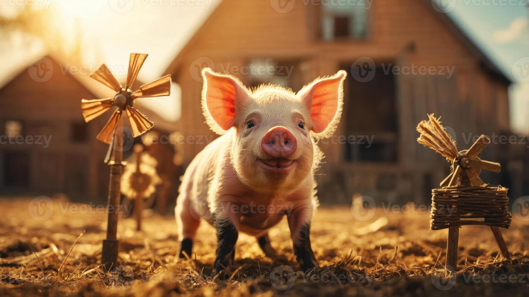 A cheerful piglet stands in a farmyard with a rustic barn in the background. photo