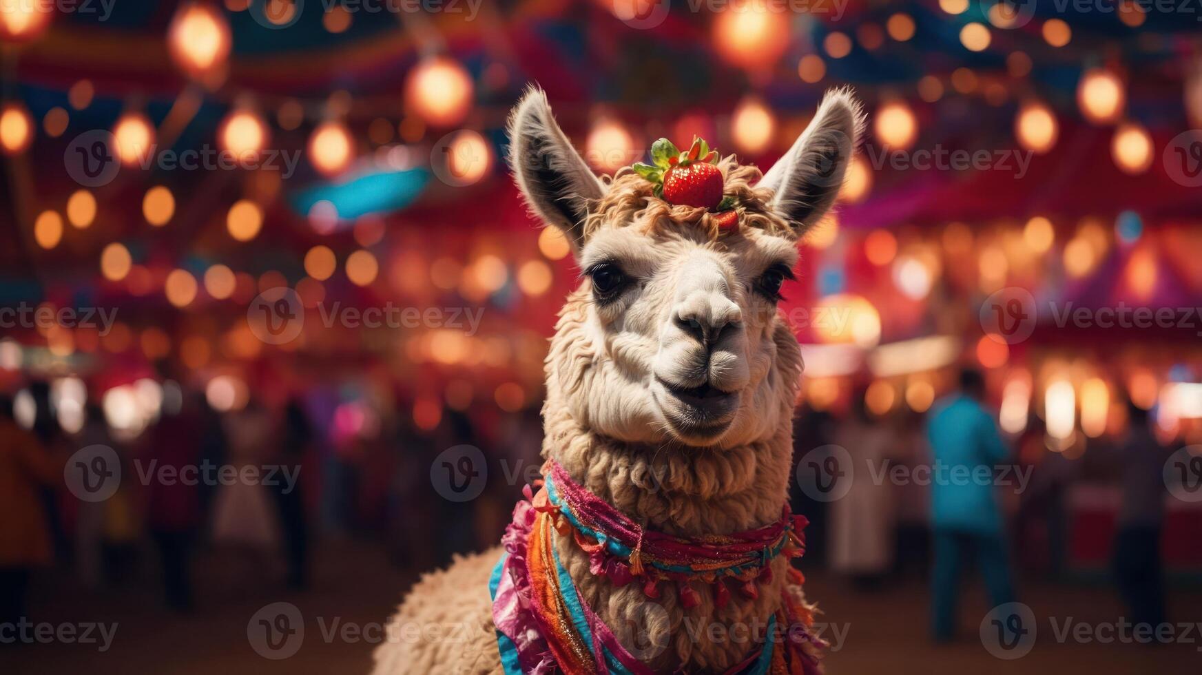 A decorated llama stands out at a vibrant festival with colorful lights and a festive atmosphere. photo