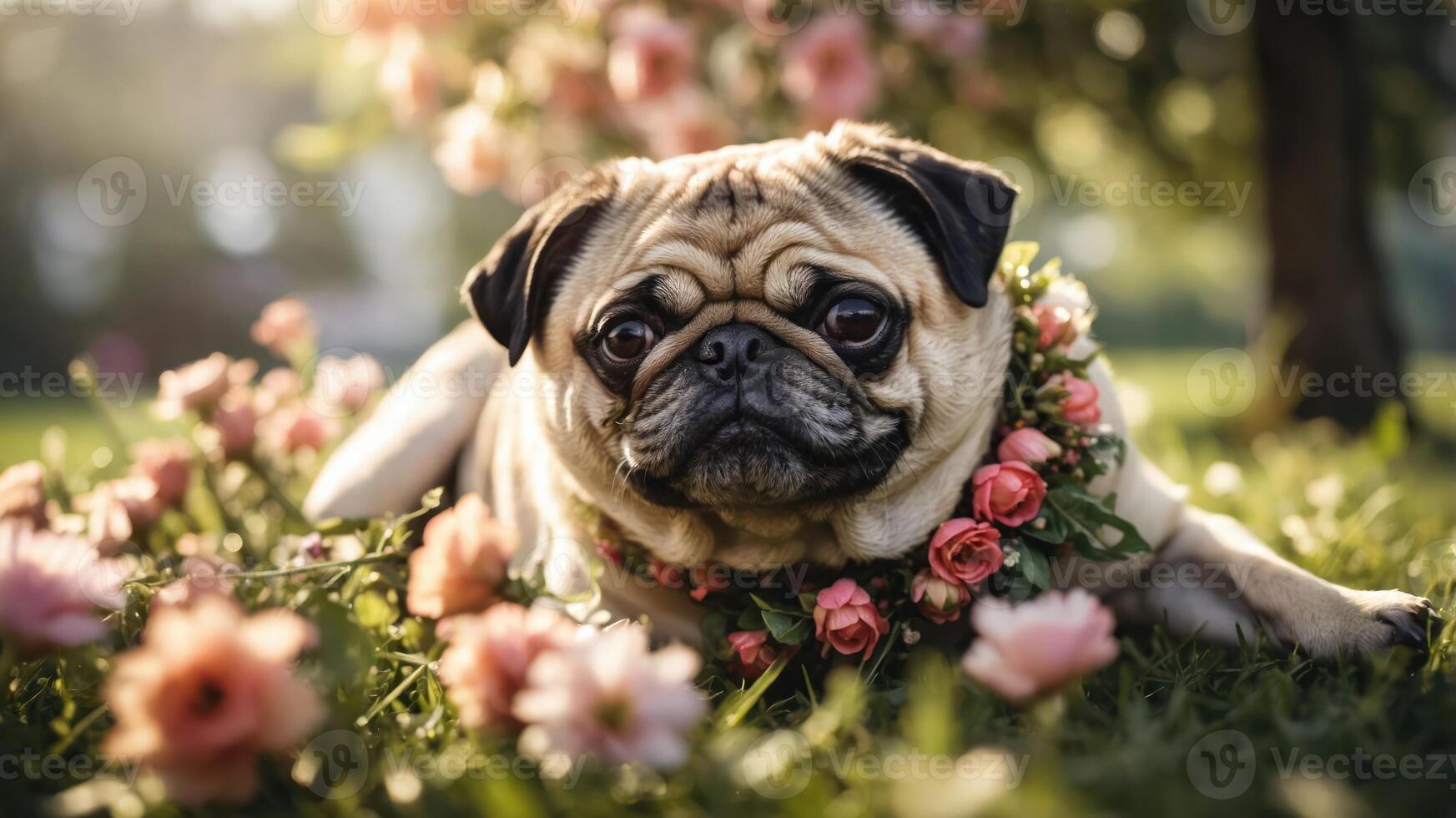 A pug adorned with flowers lounging in a garden filled with blossoms. photo