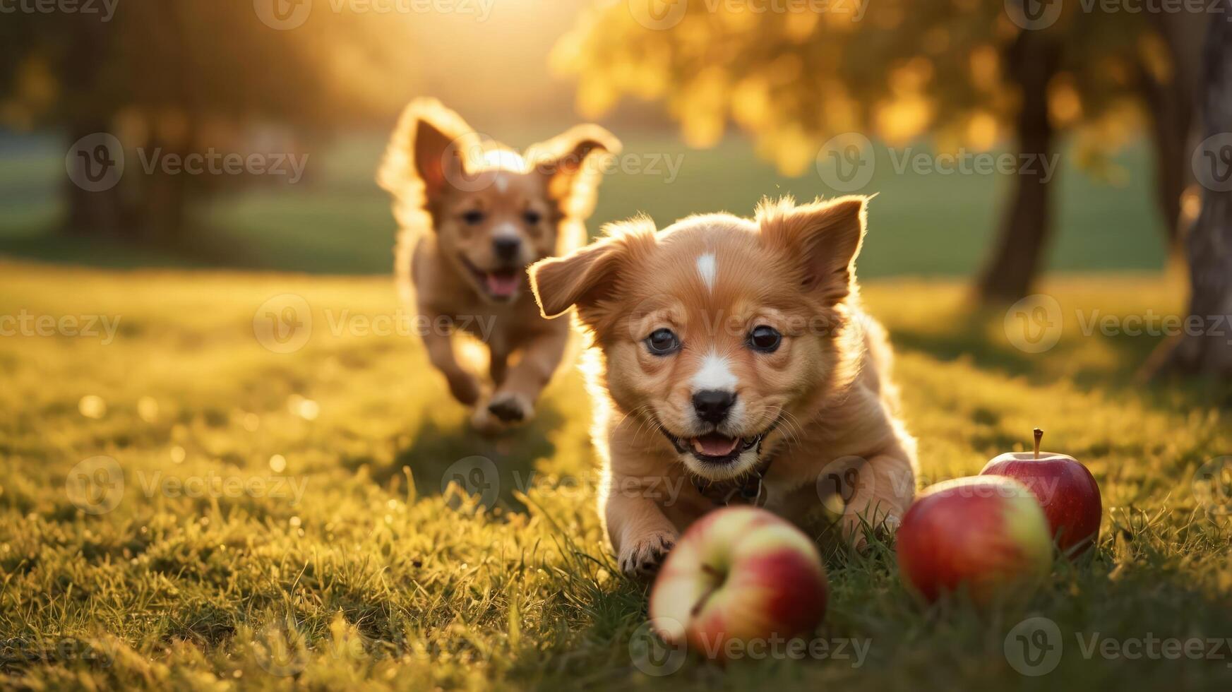 Two playful puppies running towards apples in a sunlit grassy field. photo